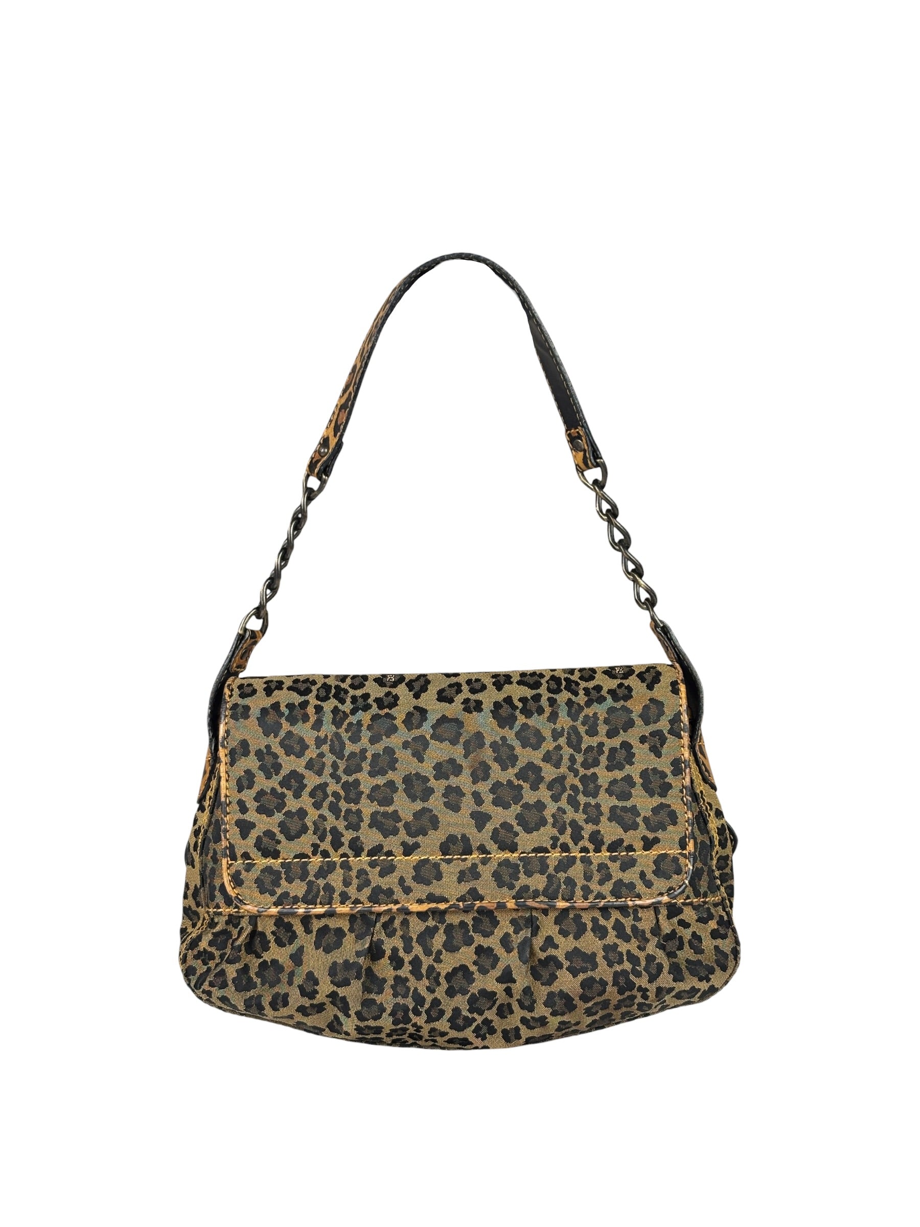 Fendi Brown Leather Trim Leopard Print Buckle Bag