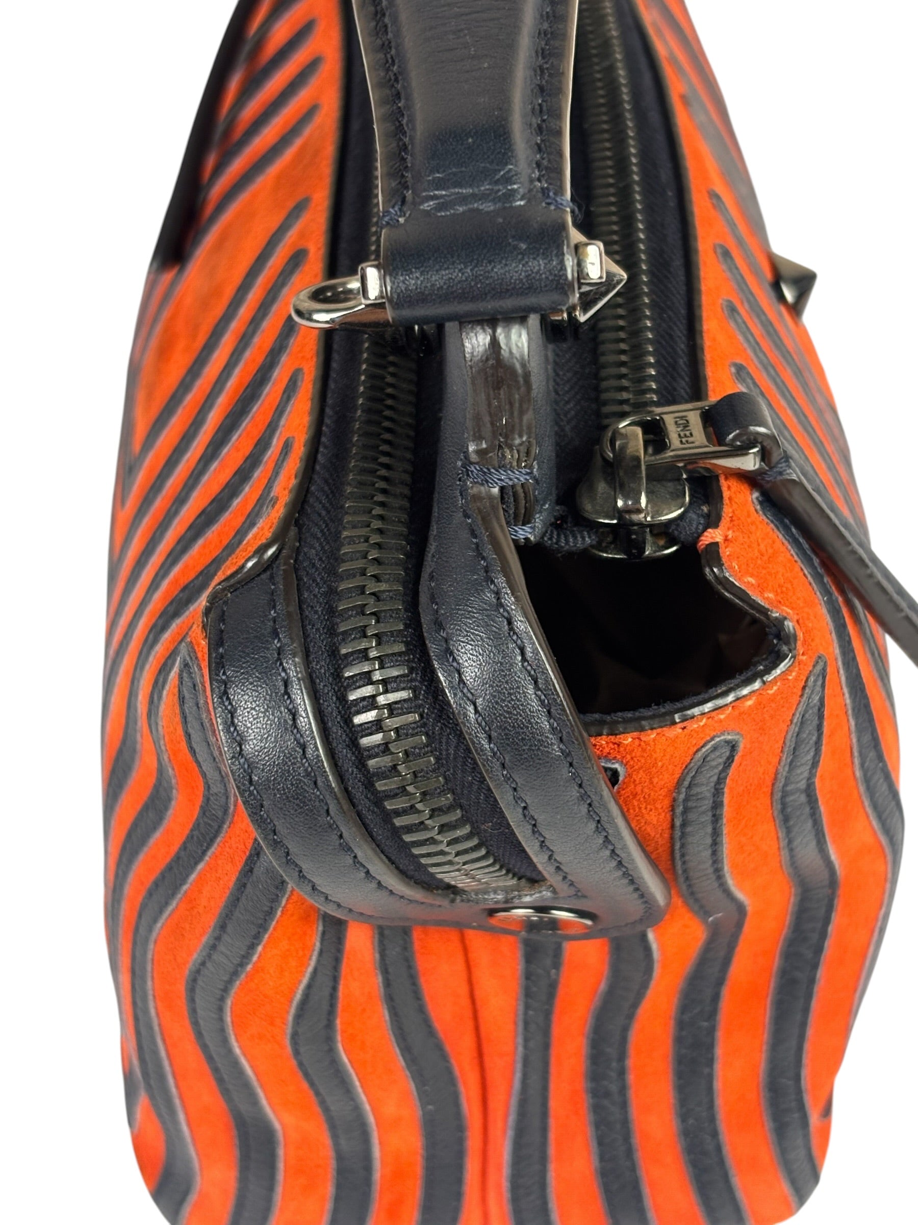 Fendi Navy/Red Leather Trim/Suede Dotcom Striped Two-Way Bag