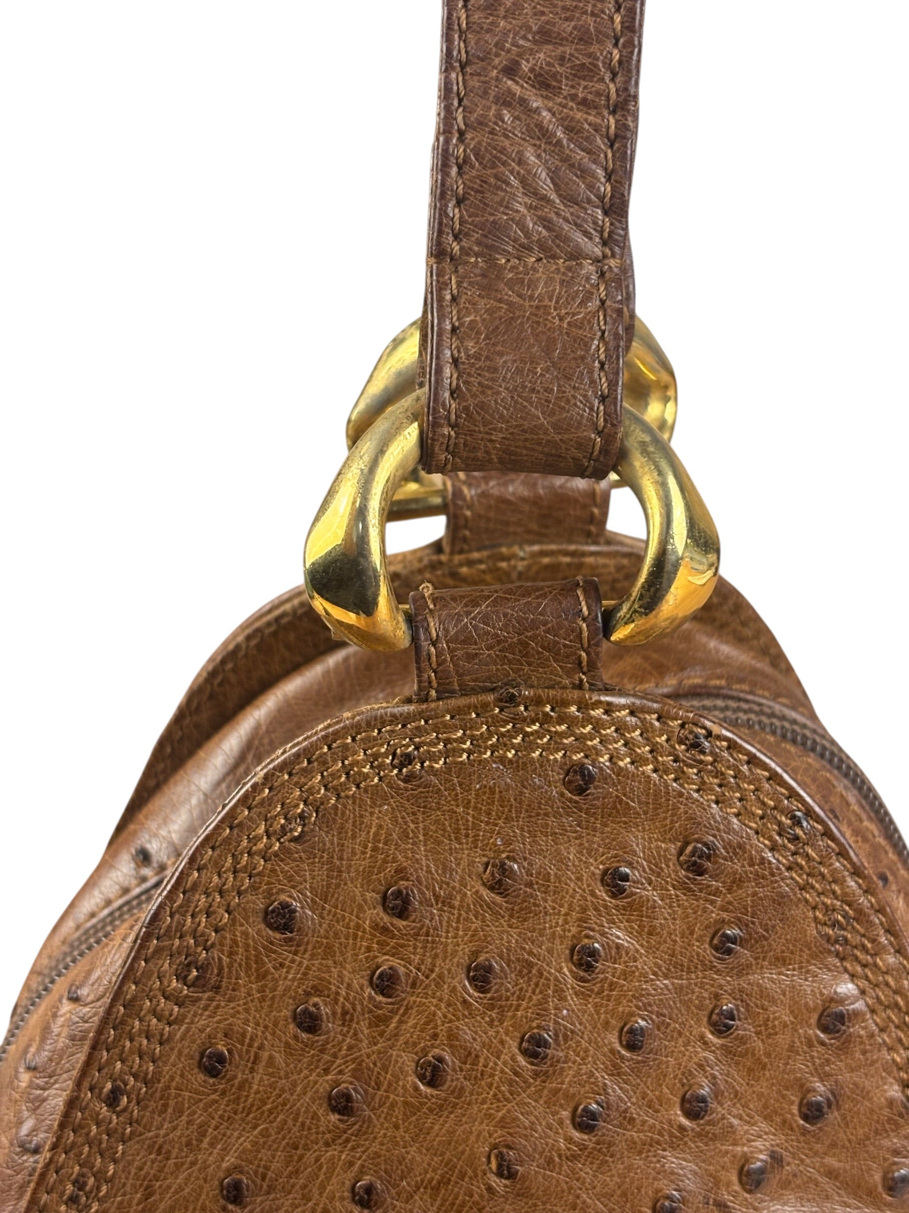 Loewe Vintage Brown Ostrich Print Leather Triangular Shoulder Bag