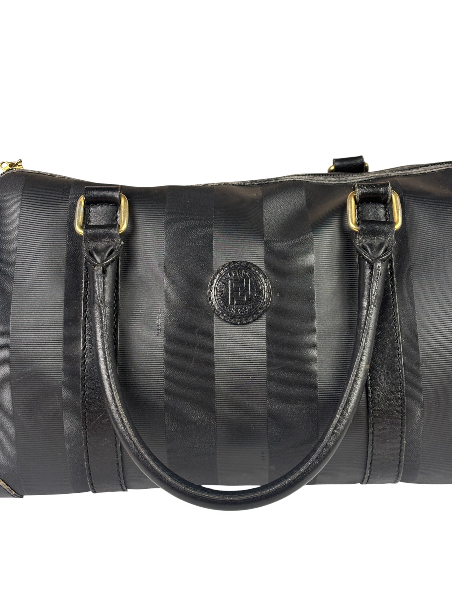 Fendi Grey/Black Leather Striped Boston Bag