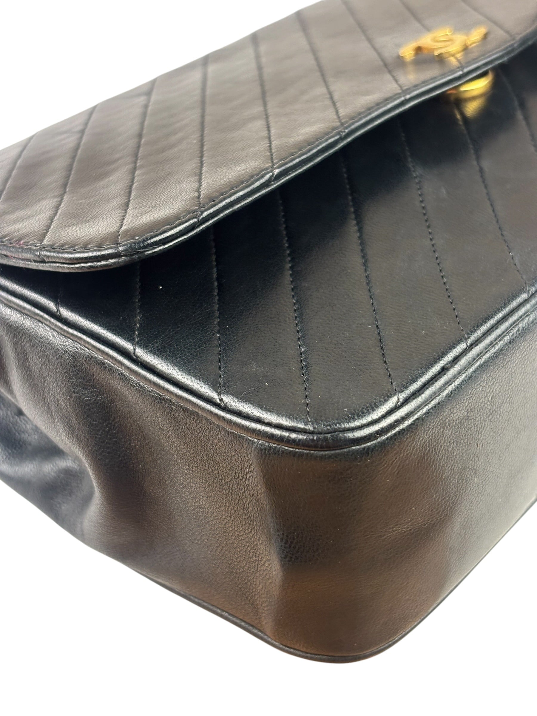Chanel Vintage Black Leather Timeless Diagonal Stitch Flap Bag 1986