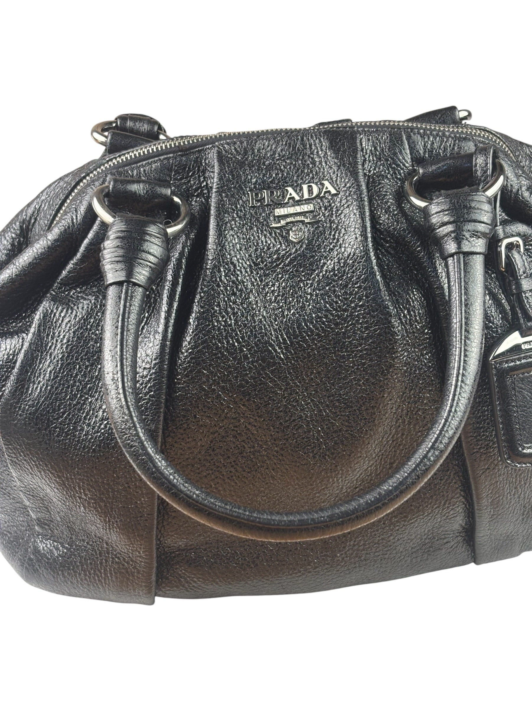 Prada Shiny Black Cervo Pleated Shoulder Bag
