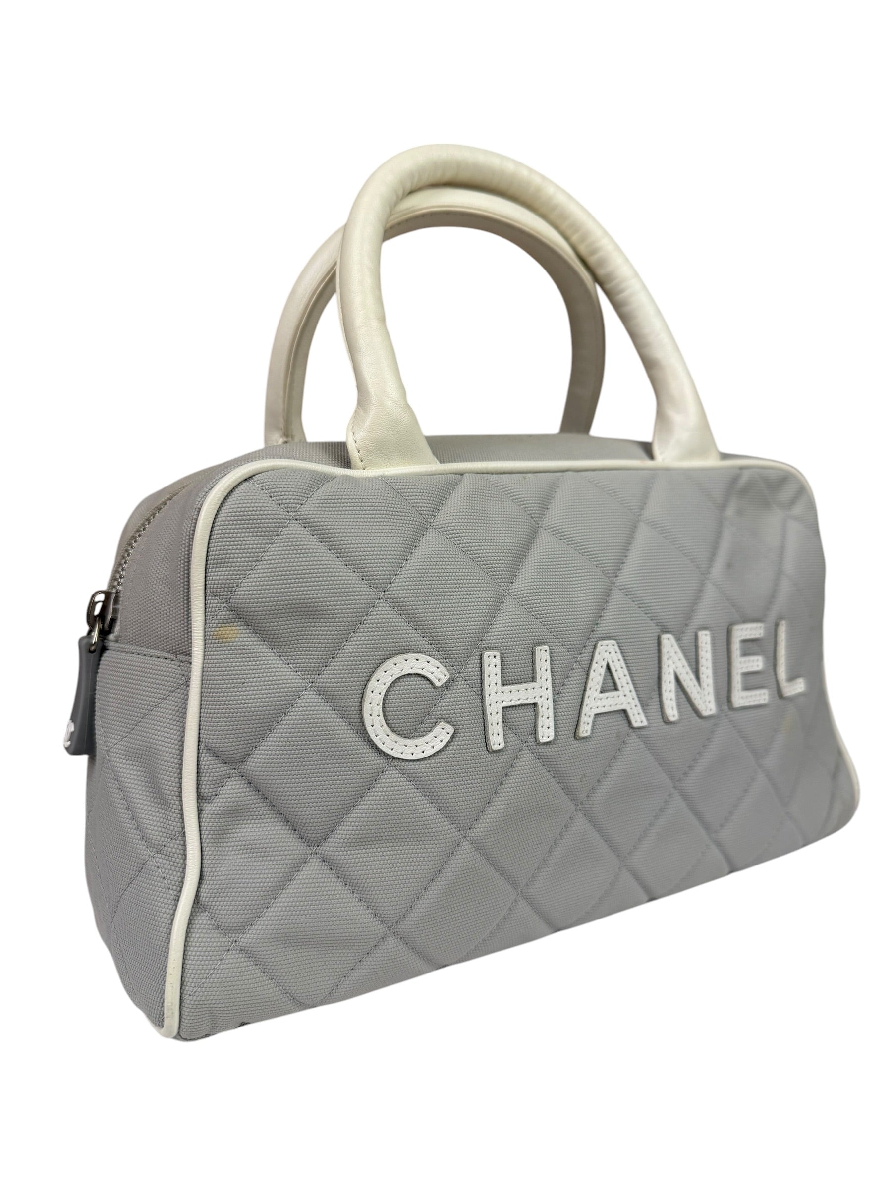 Chanel Grey Quilted Leather Trim Bowling Bag 2000