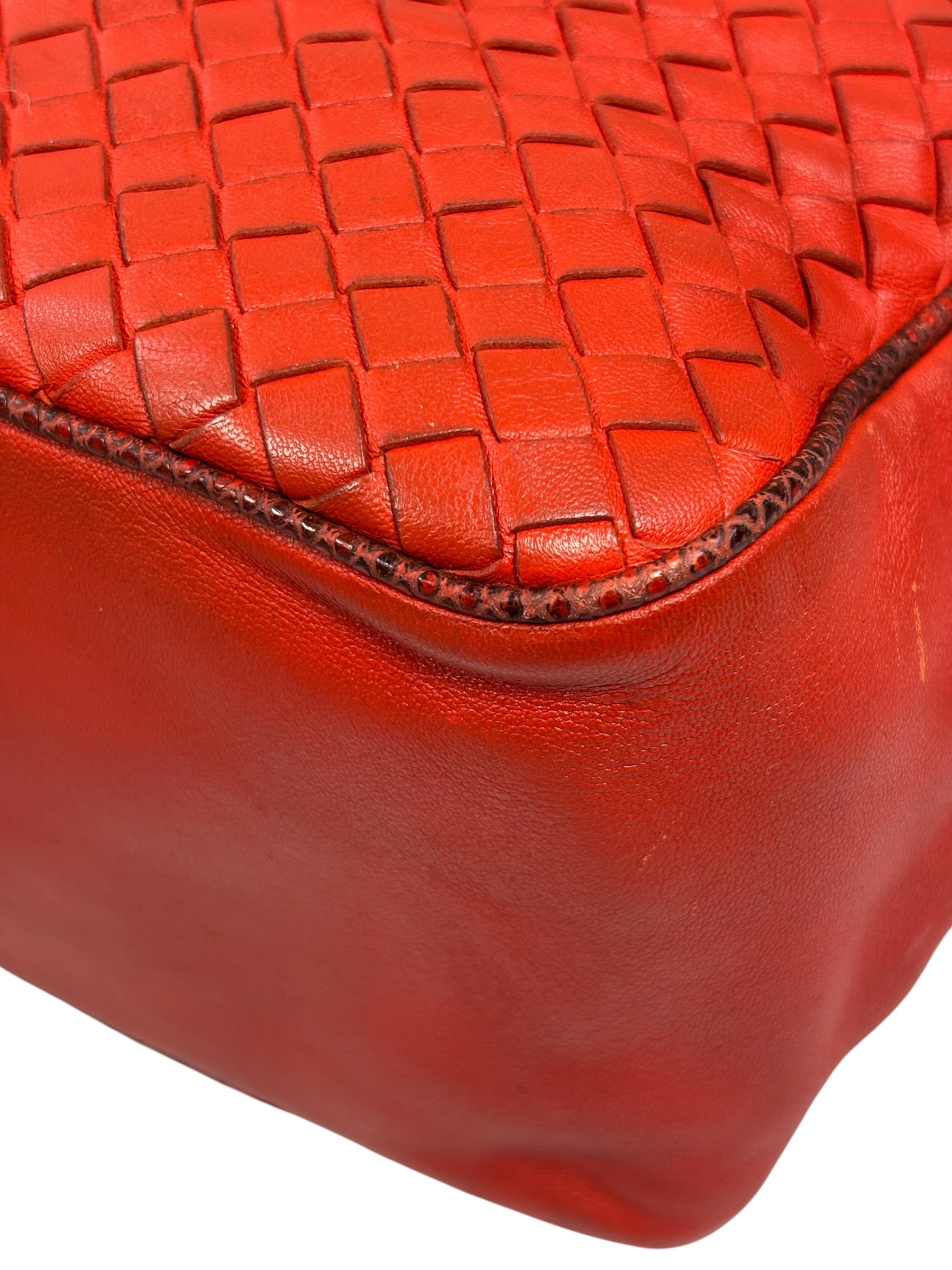 Bottega Veneta Red Lambskin/Lizard Intrecciato Shoulder Bag