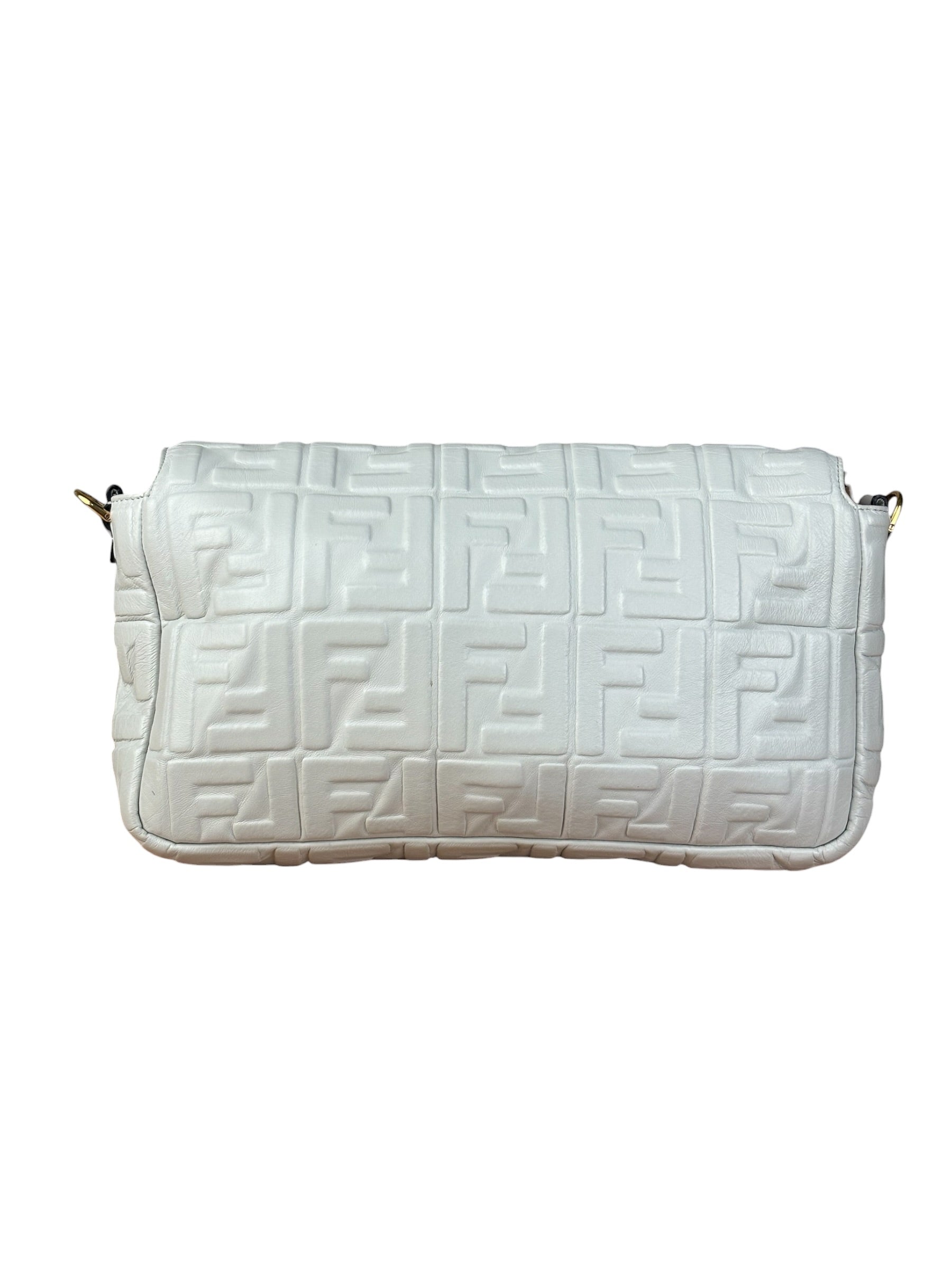 Fendi Large Zucca Embossed Leather Baguette White