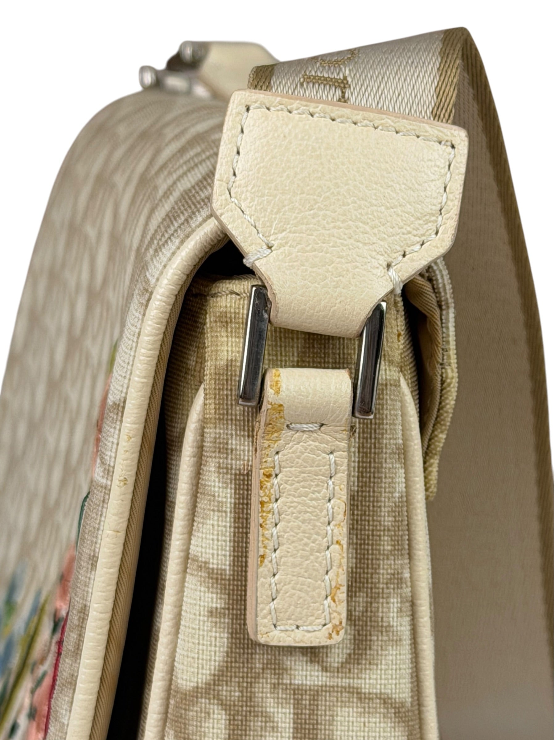 Christian Dior Beige Leather Trim Trotter Floral Embroidered Flap Bag