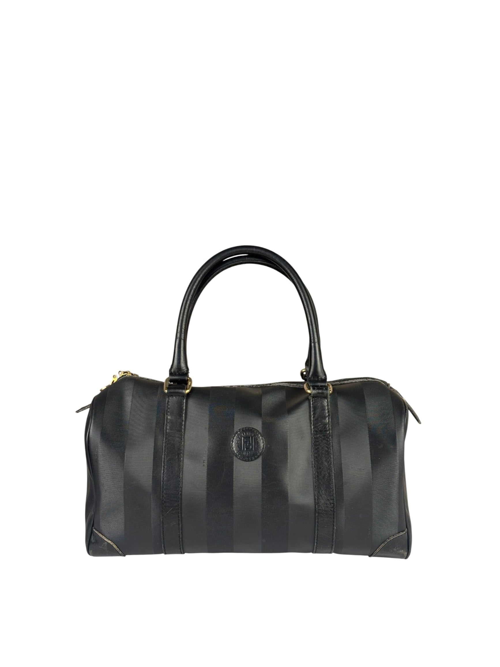 Fendi Grey/Black Leather Striped Boston Bag