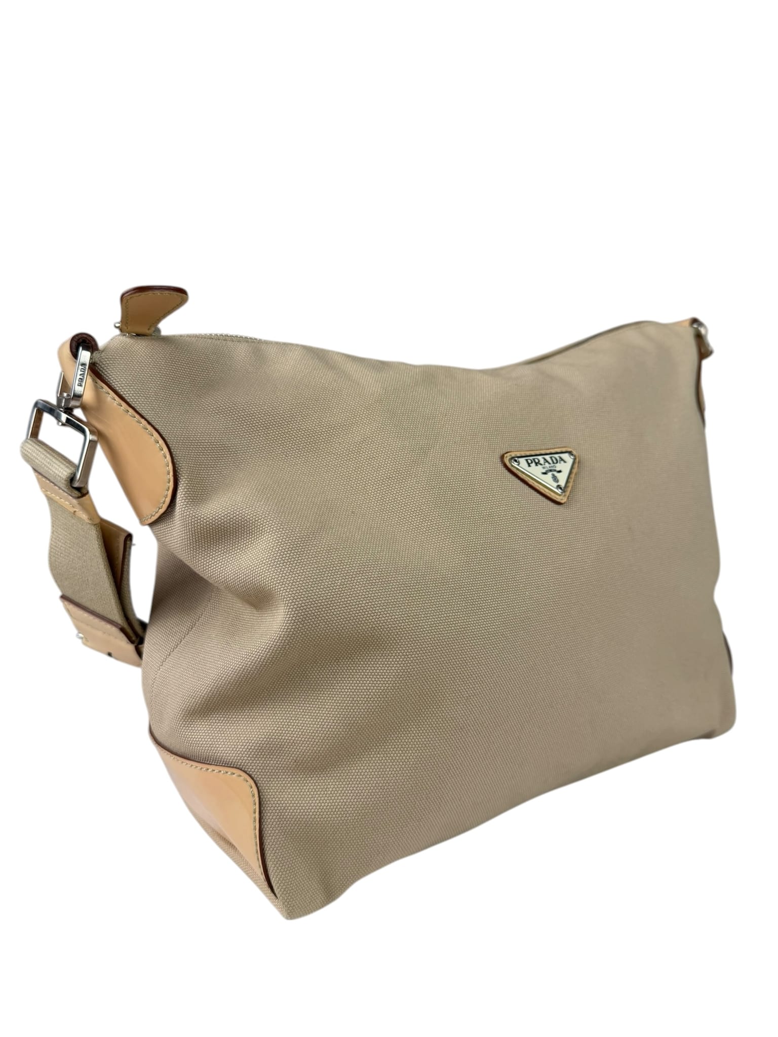 Prada Beige Cloth/Patent Leather Trim Shoulder Bag