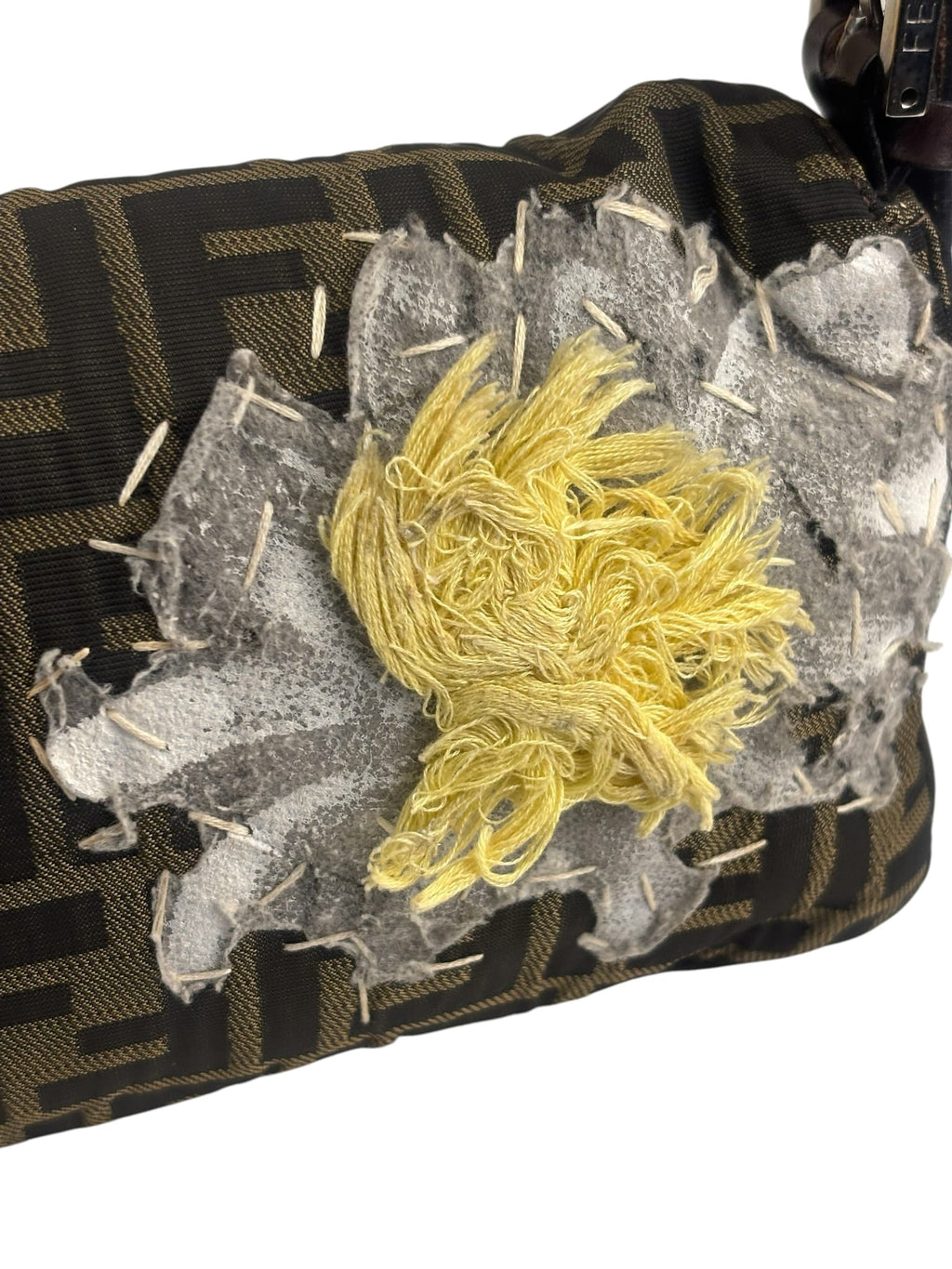 Fendi Brown Leather Trim Zucca Floral Embroidered Baguette