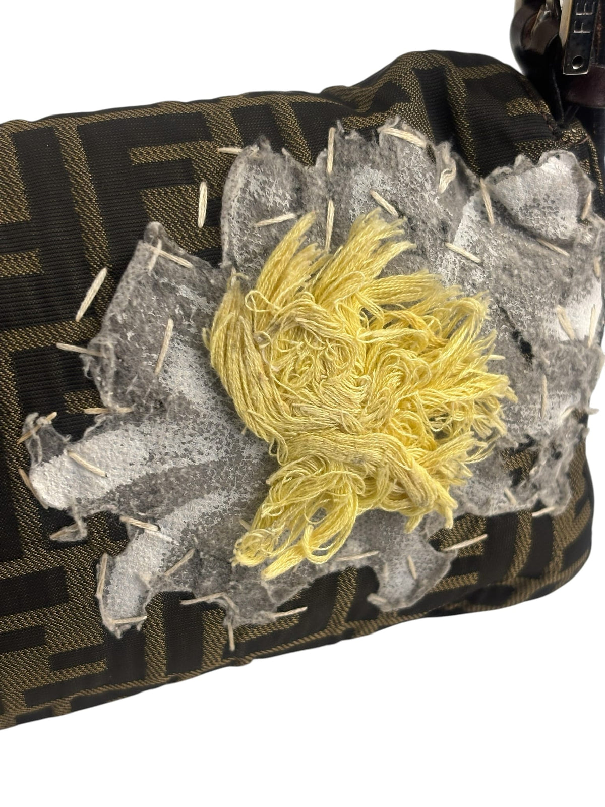 Fendi Brown Leather Trim Zucca Floral Embroidered Baguette