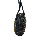 Prada Vintage Black Leather Nappa Metal Grommet Bauletto Handbag