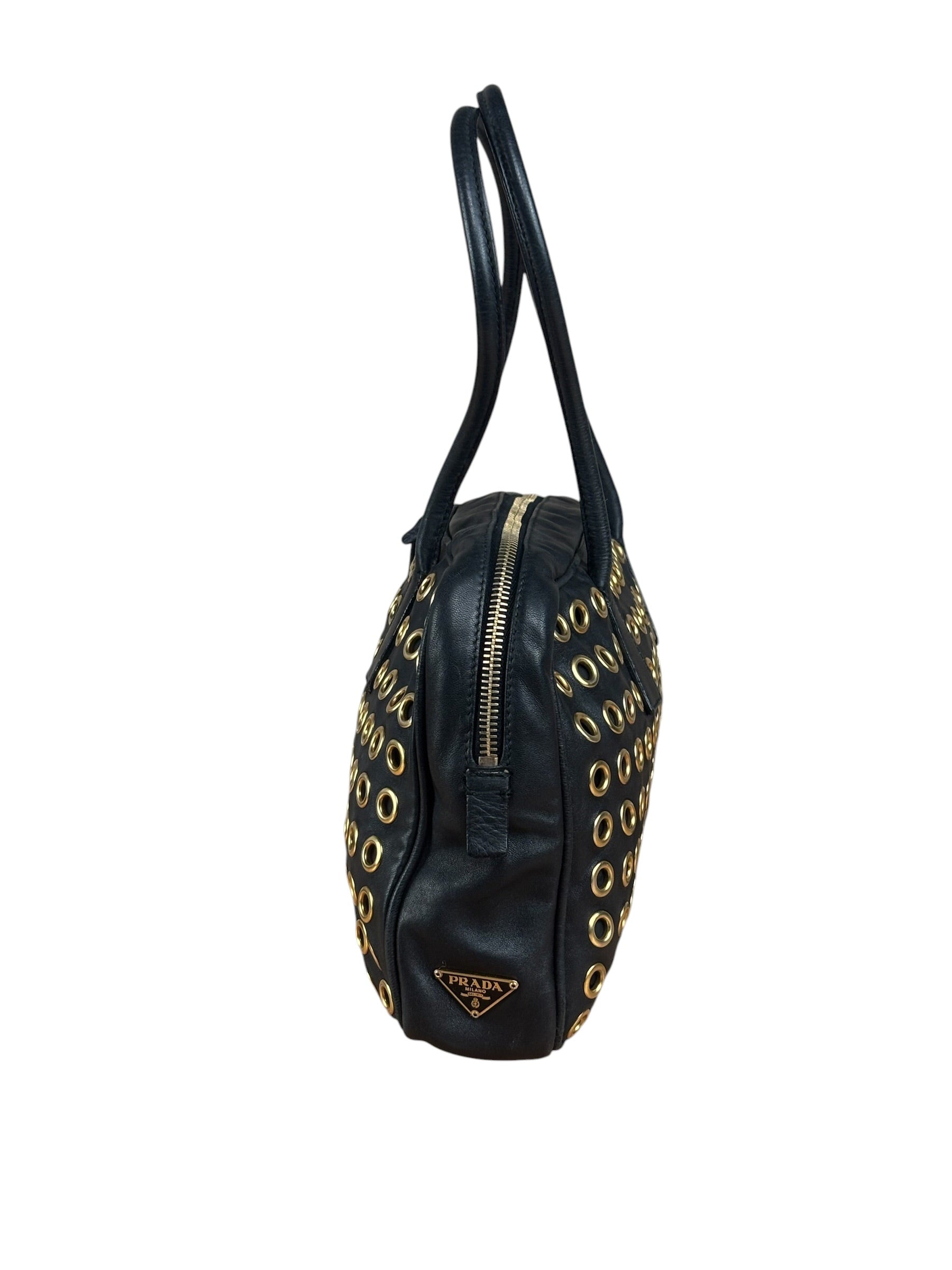 Prada Vintage Black Leather Nappa Metal Grommet Bauletto Handbag