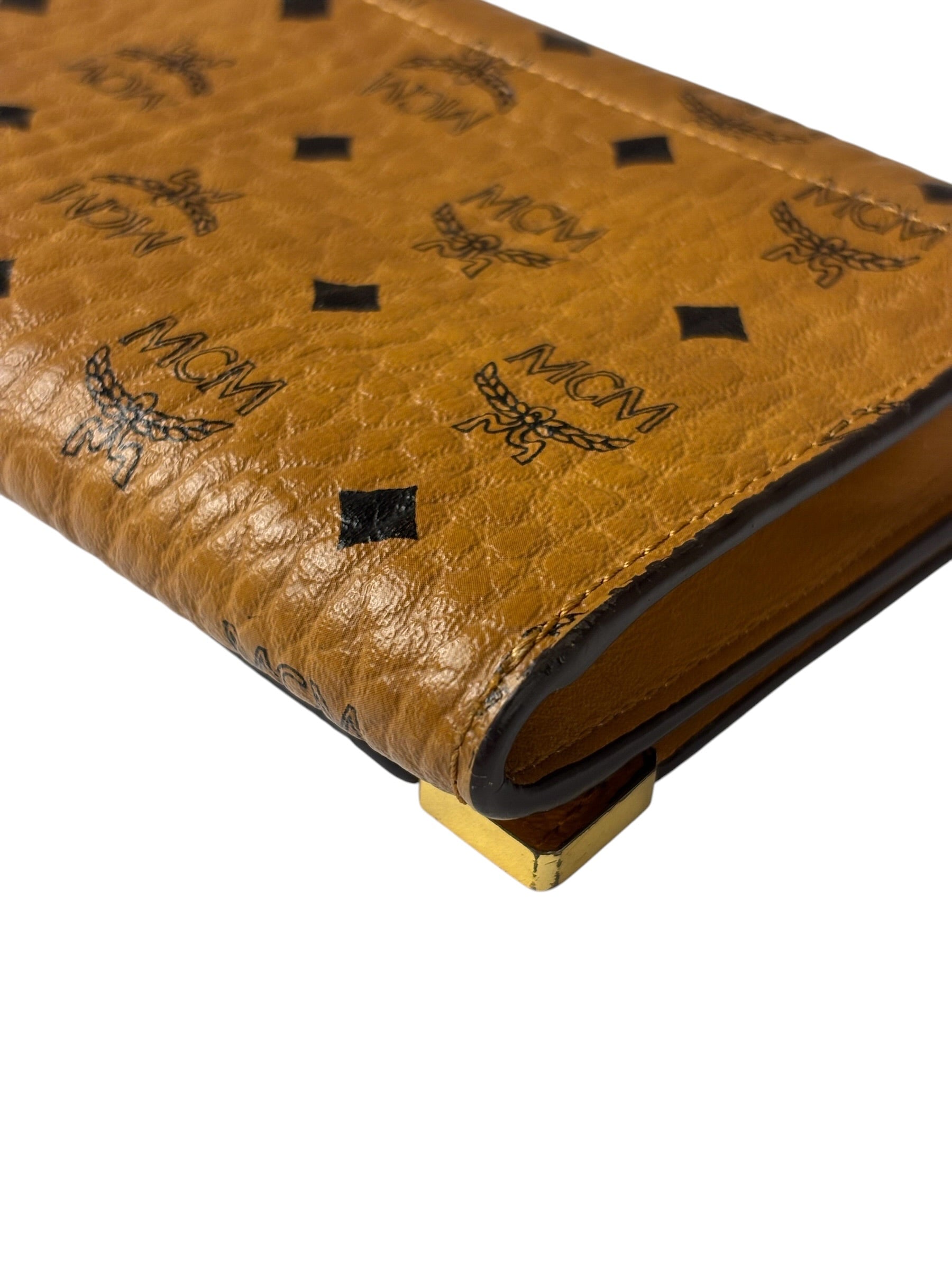 MCM Brown Leather Monogram Studded Long Wallet On Chain