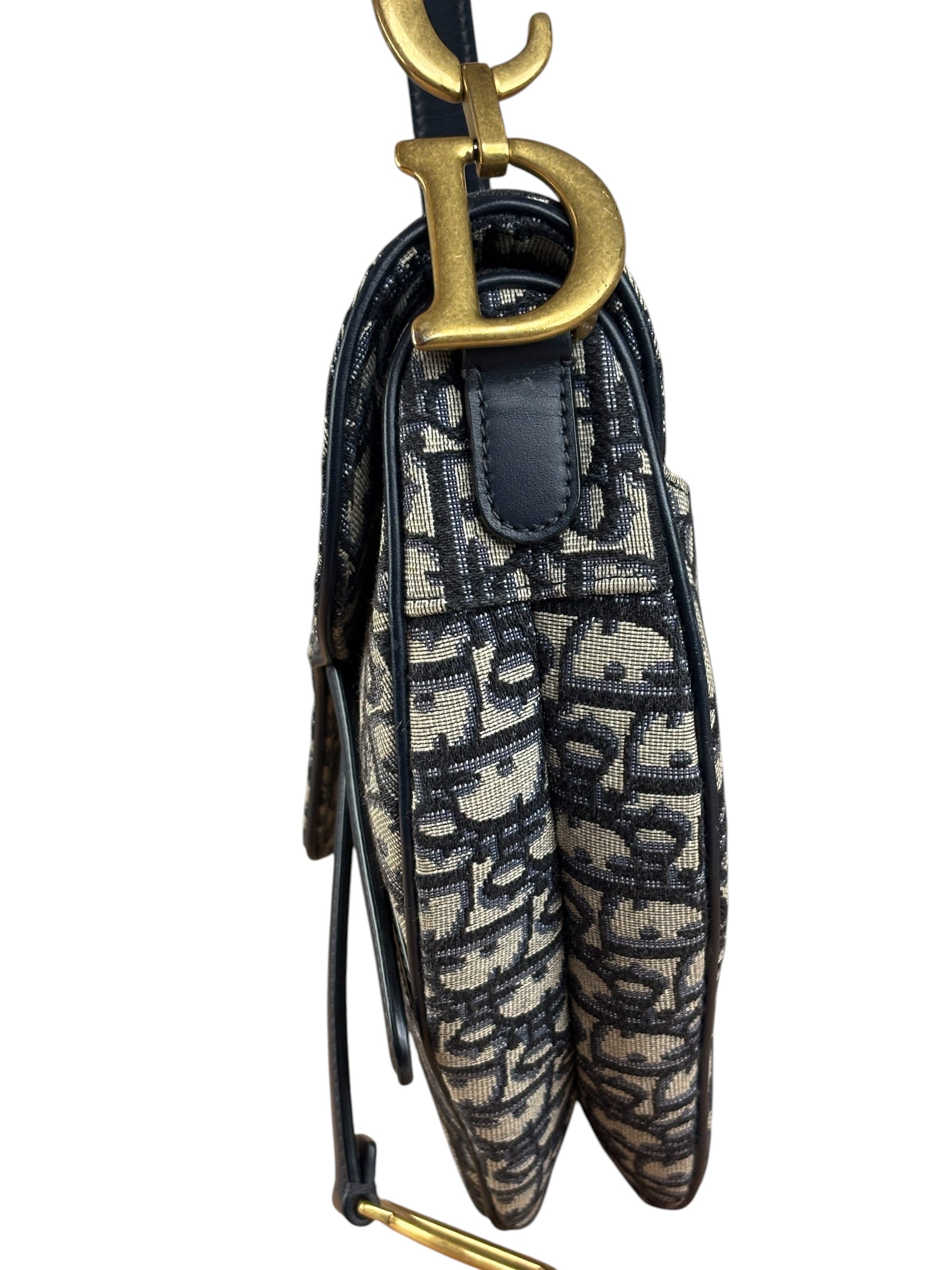 Christian Dior Navy Leather Trim Trotter Saddle Two-Way Bag