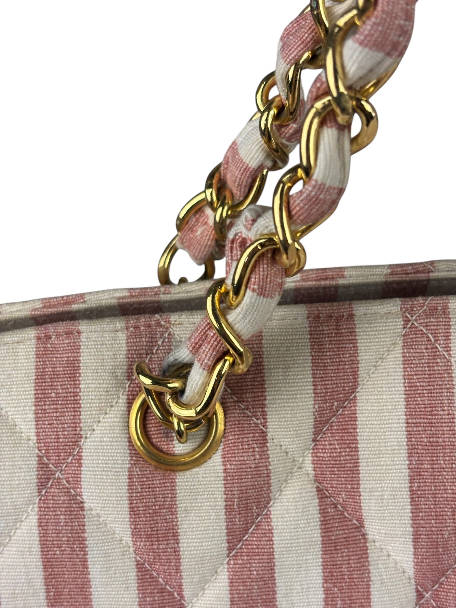 Chanel Vintage Pink/Cream Denim Maxi Stripped Tote 1994