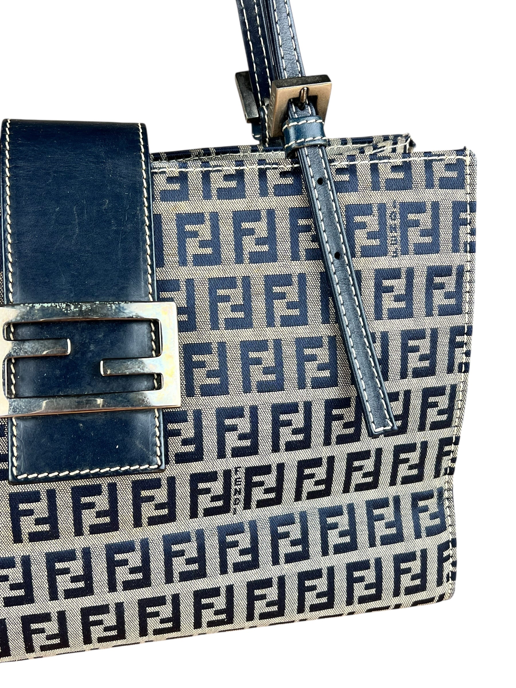 Fendi FF Buckle Navy Zucca Tote Handbag
