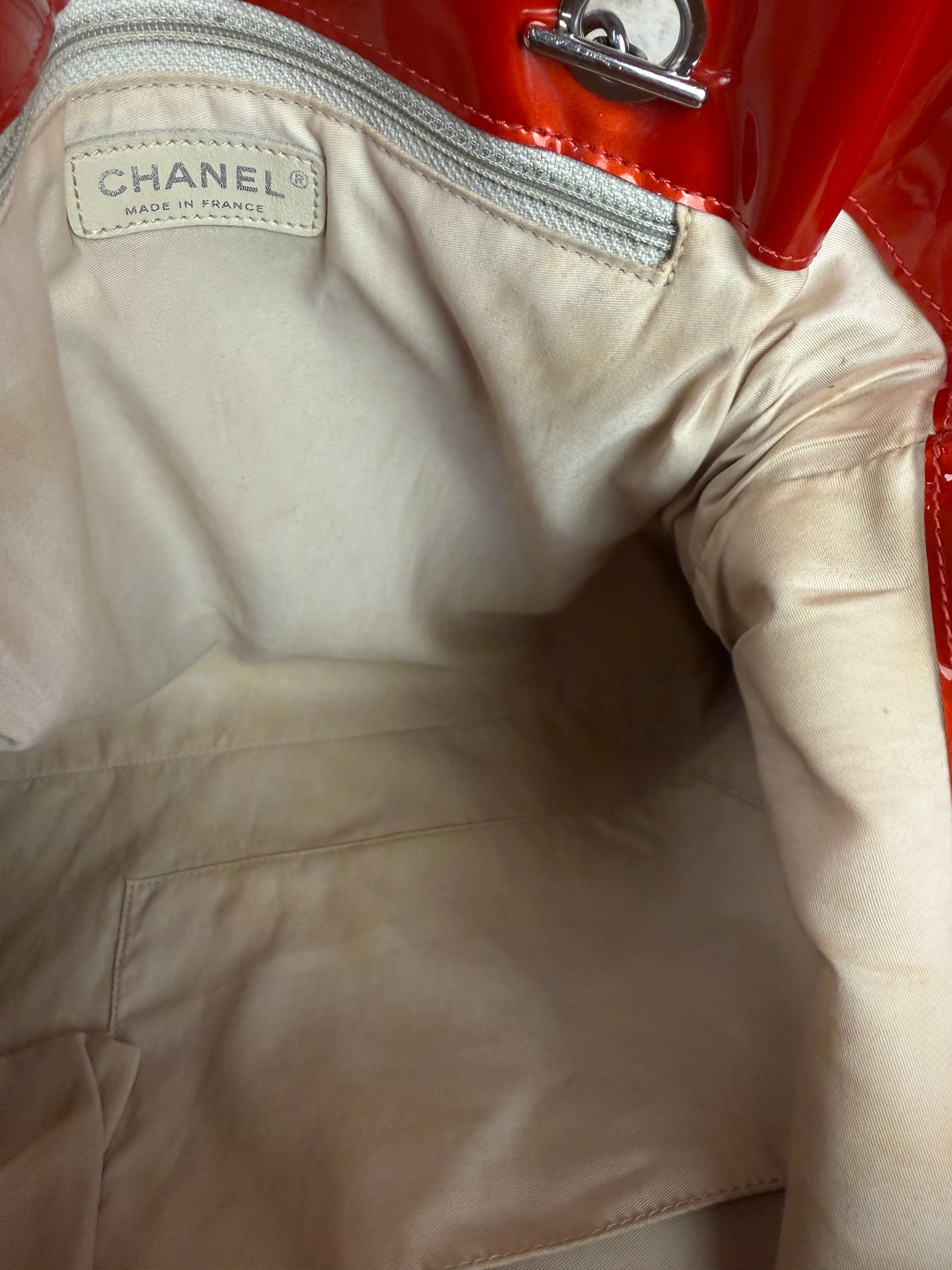 Chanel Red Patent CC Crystal Bon Bon Chain Tote