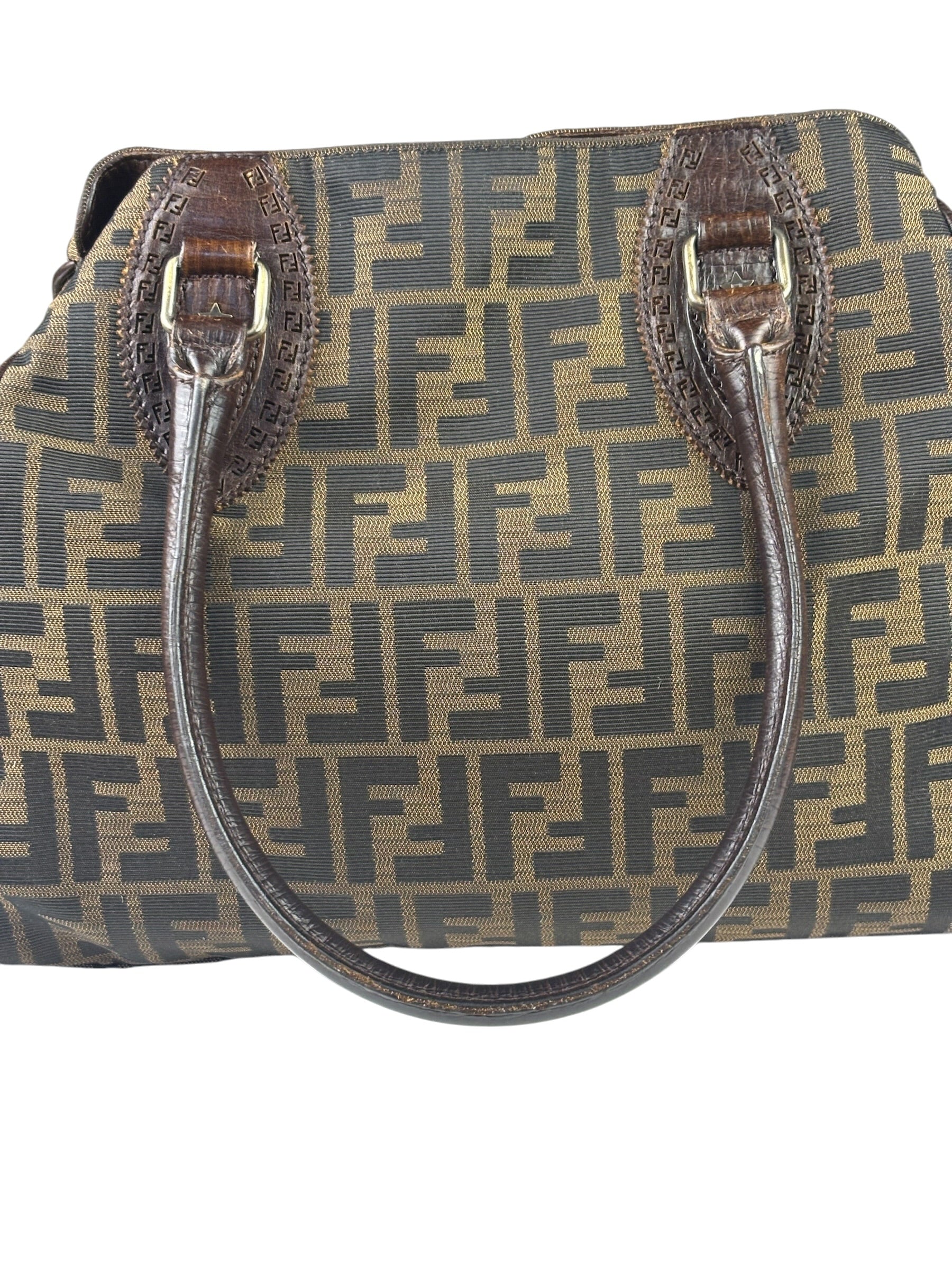 Fendi Vintage Brown Leather Trim Zucca De Jour Media Tote