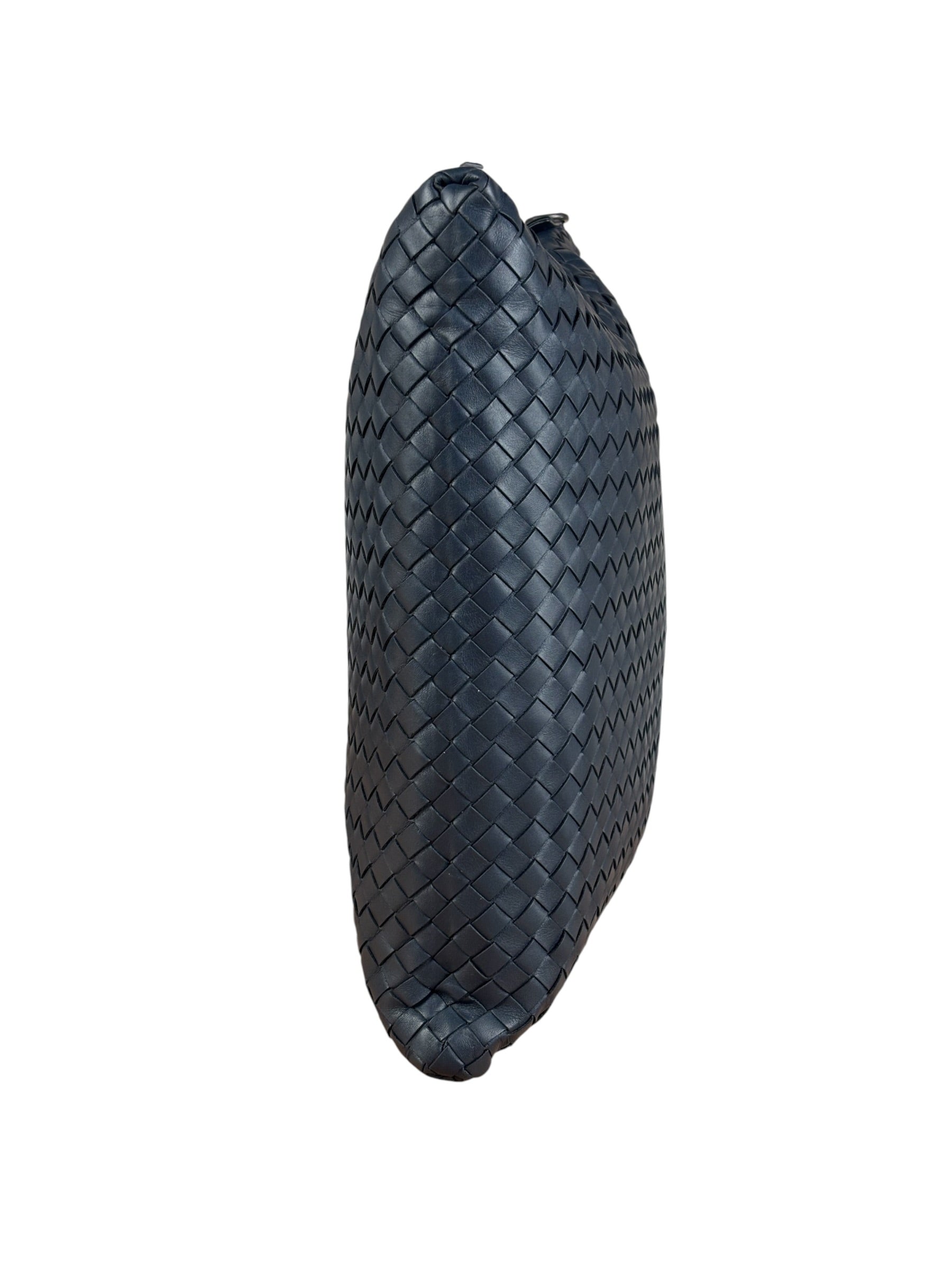 Bottega Veneta Navy Blue Leather Intrecciato Woven Flat Crossbody Bag