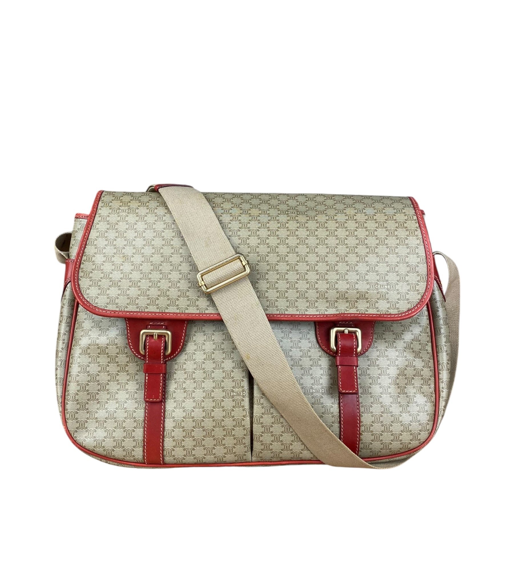 Celine Vintage Macadam Print Red Lined Flap Messenger Bag