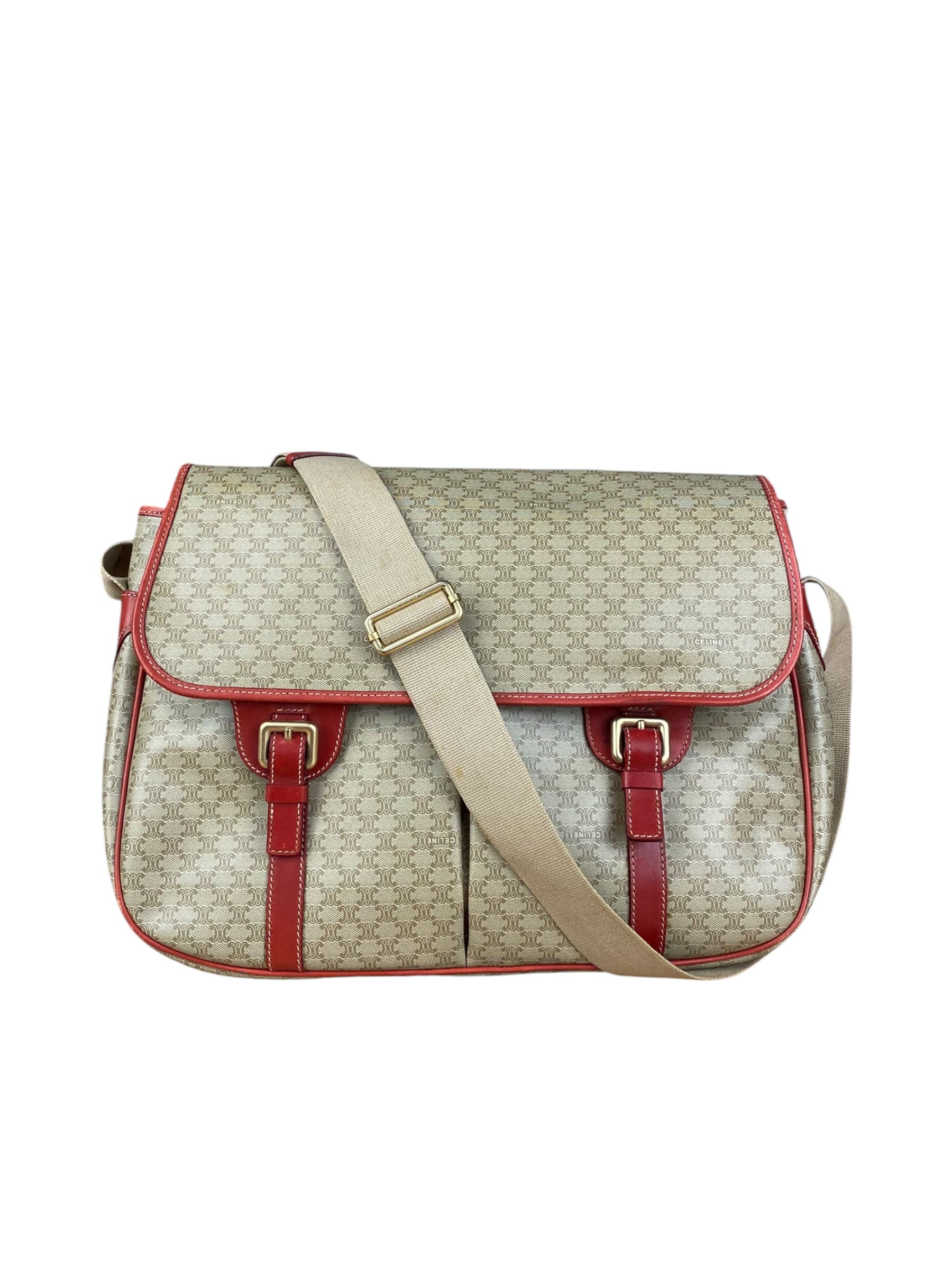 Celine Vintage Macadam Print Red Lined Flap Messenger Bag