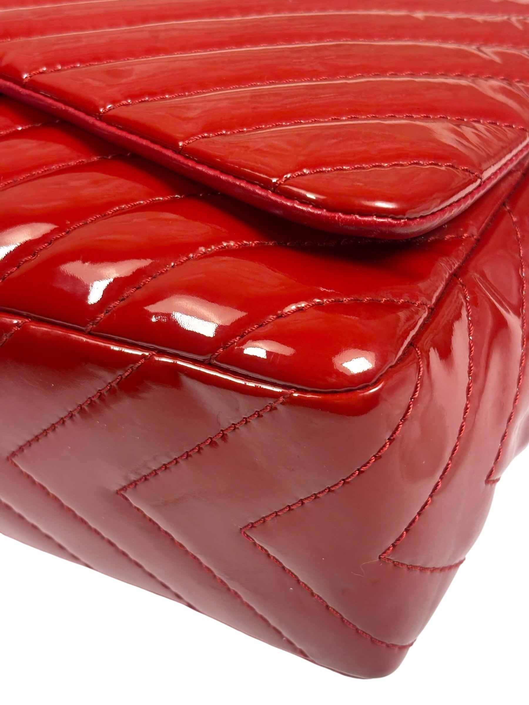 Chanel Red Patent Leather Chevron Jumbo Flap Bag 2009