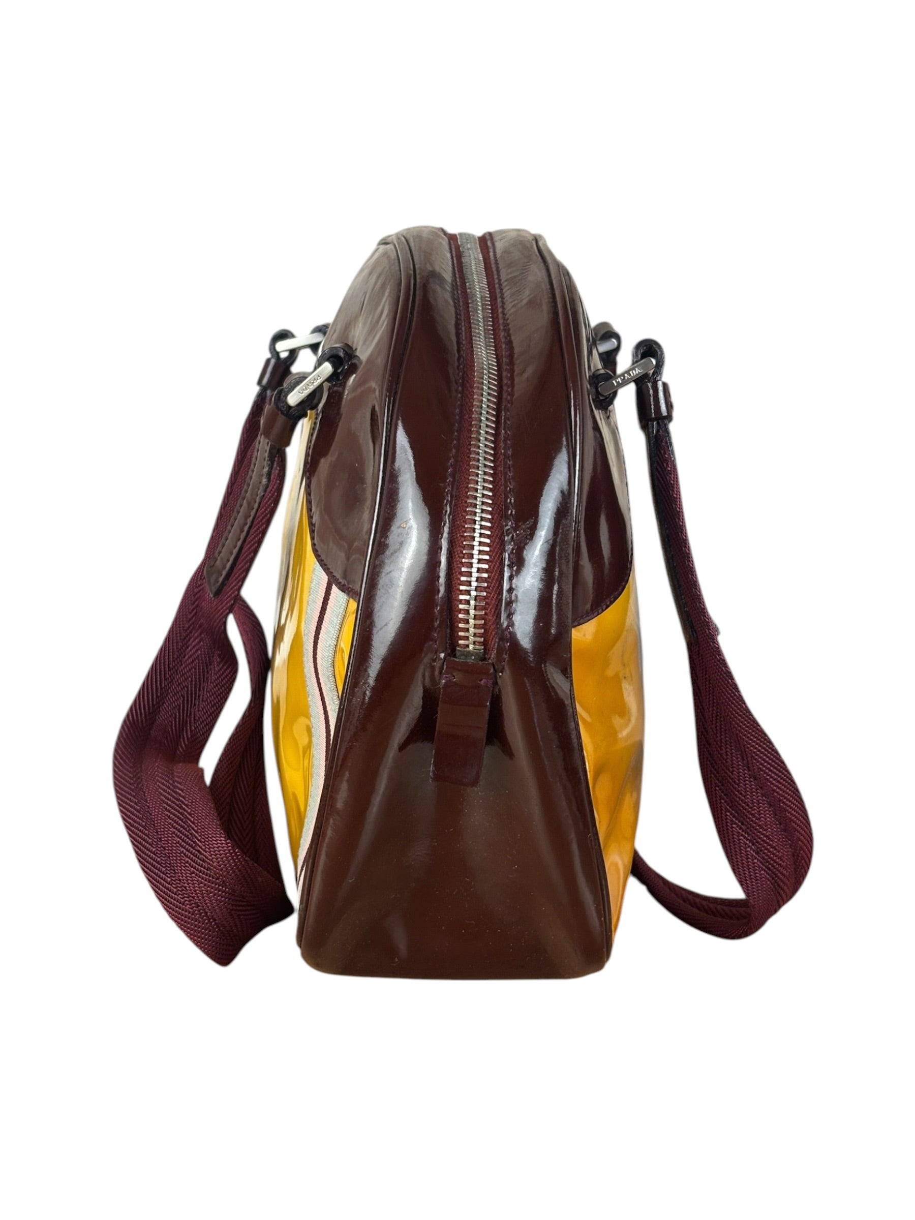 Prada Vintage Yellow/Burgundy Patent Leather Bowler Shoulder Bag