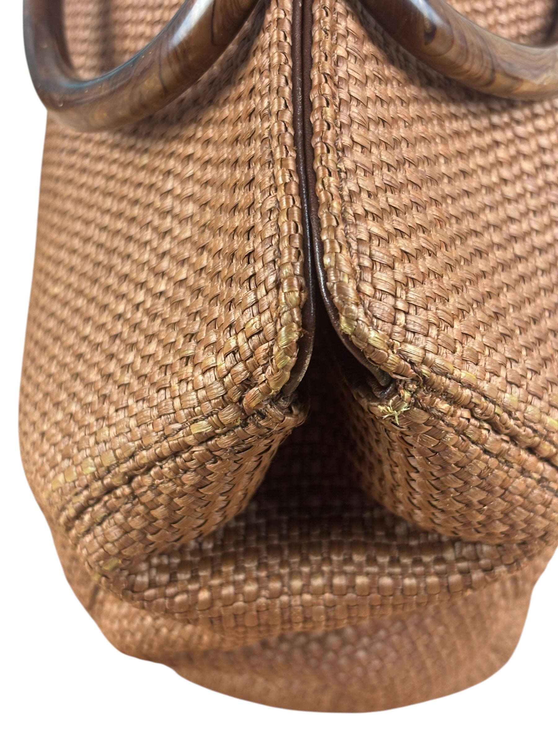 Chanel Vintage Brown Woven Straw Raffia Wooden Top Handle Handbag 2001