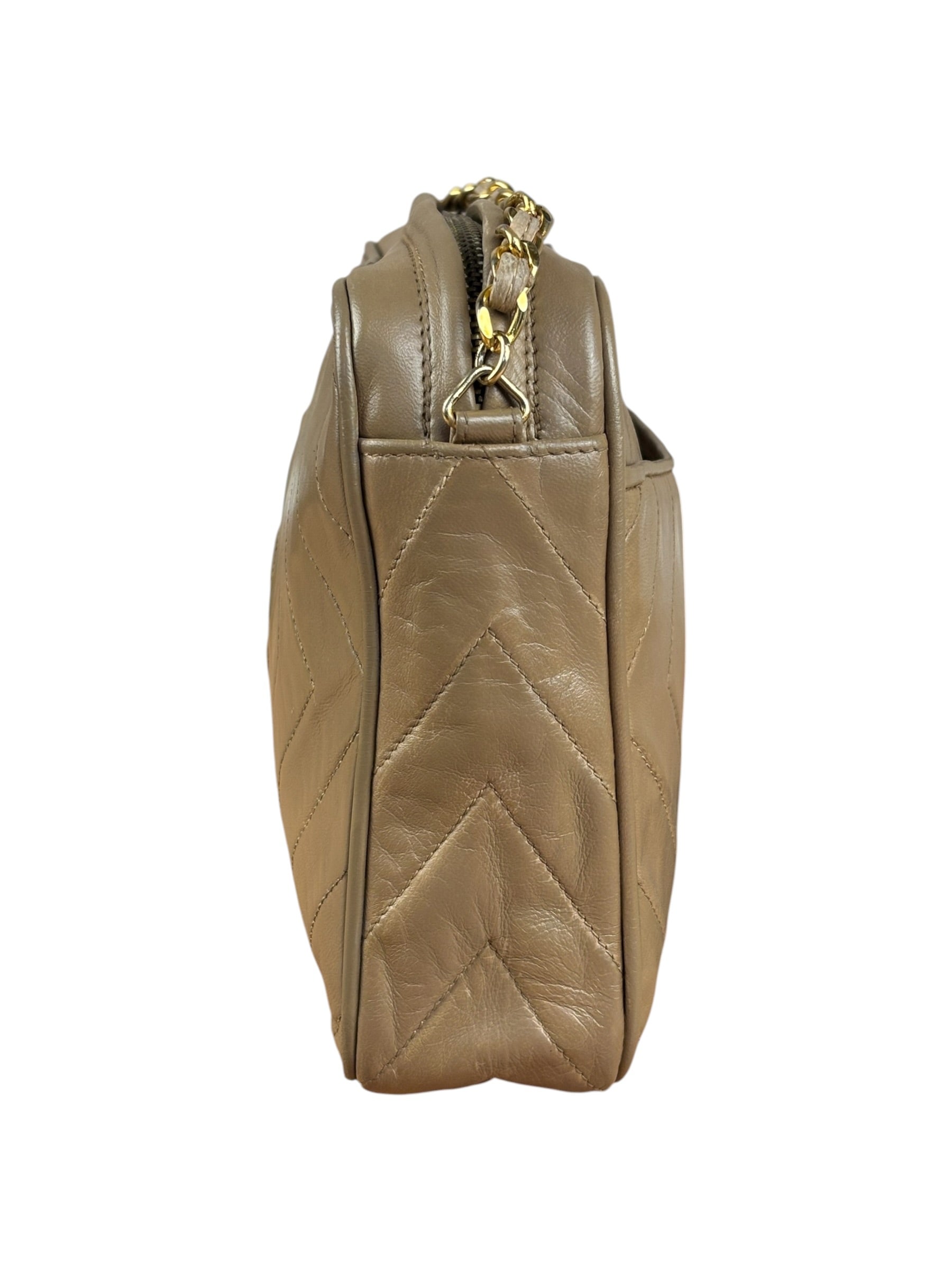 Chanel Tan Beige Chevron Leather Camera Case