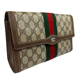 Gucci Brown Leather GG Supreme Web Stripe Clutch