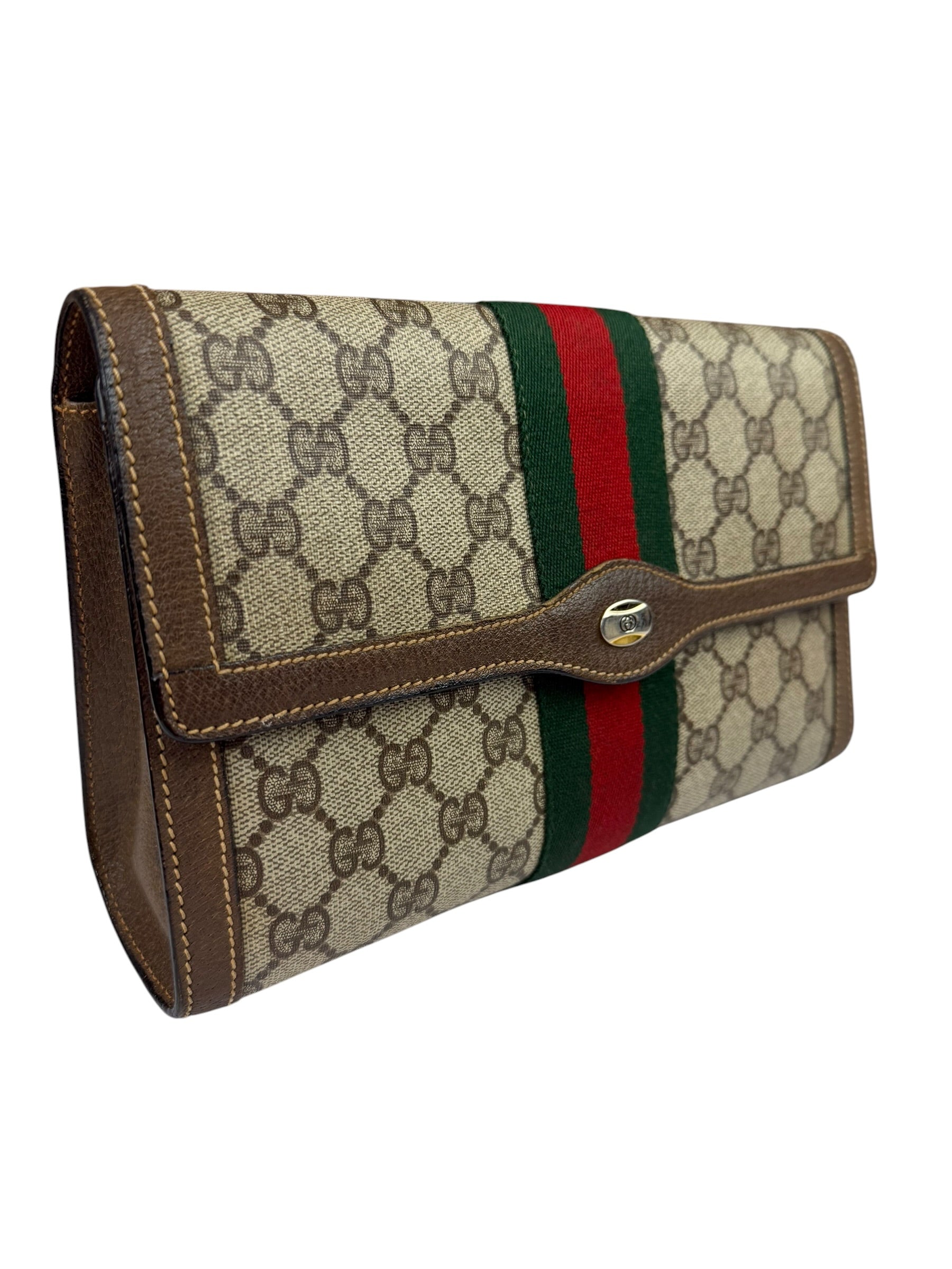 Gucci Brown Leather GG Supreme Web Stripe Clutch