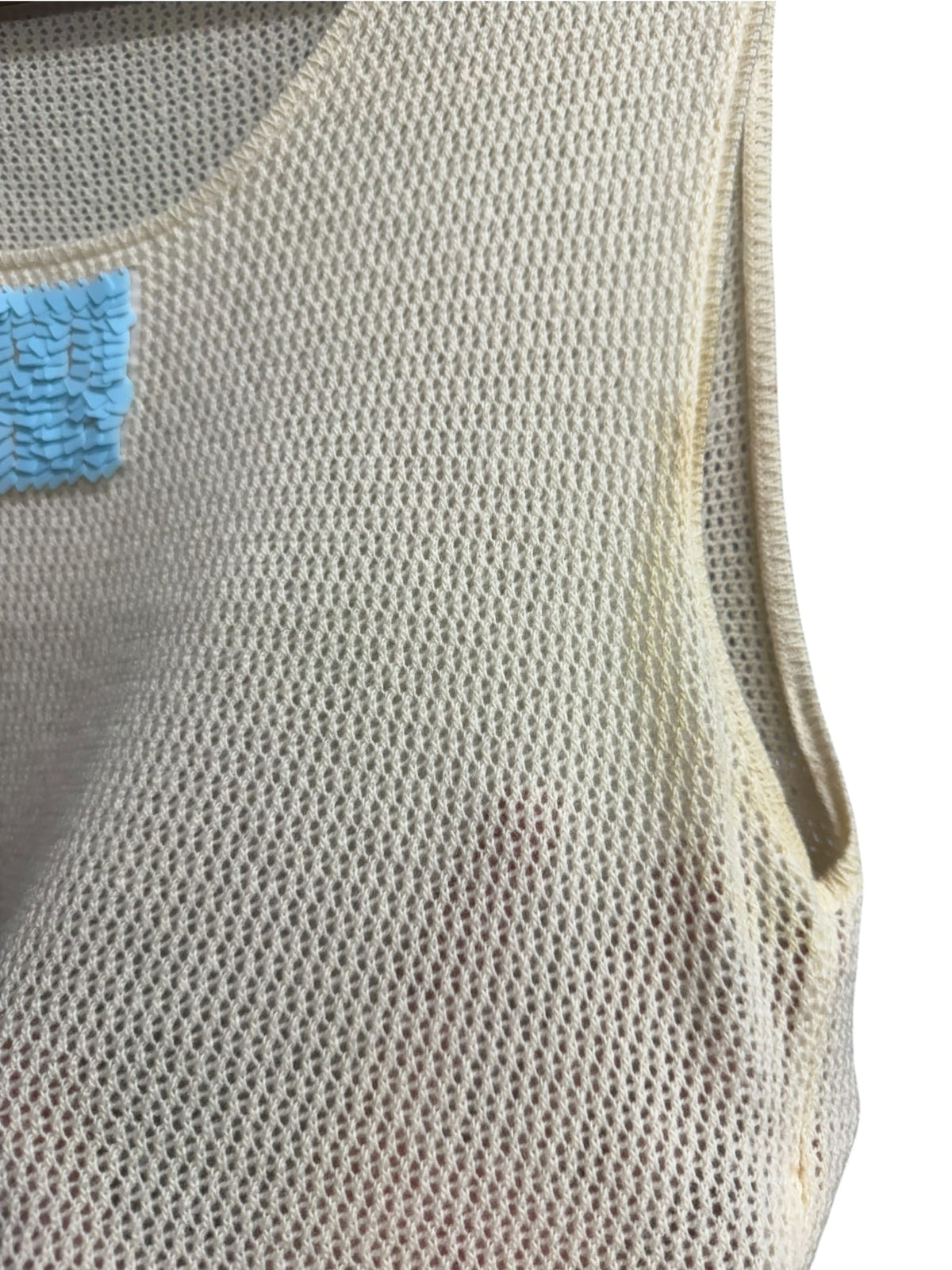 Chanel Cream Open-Knit Cashmere Blue Square Sequin Tank Top