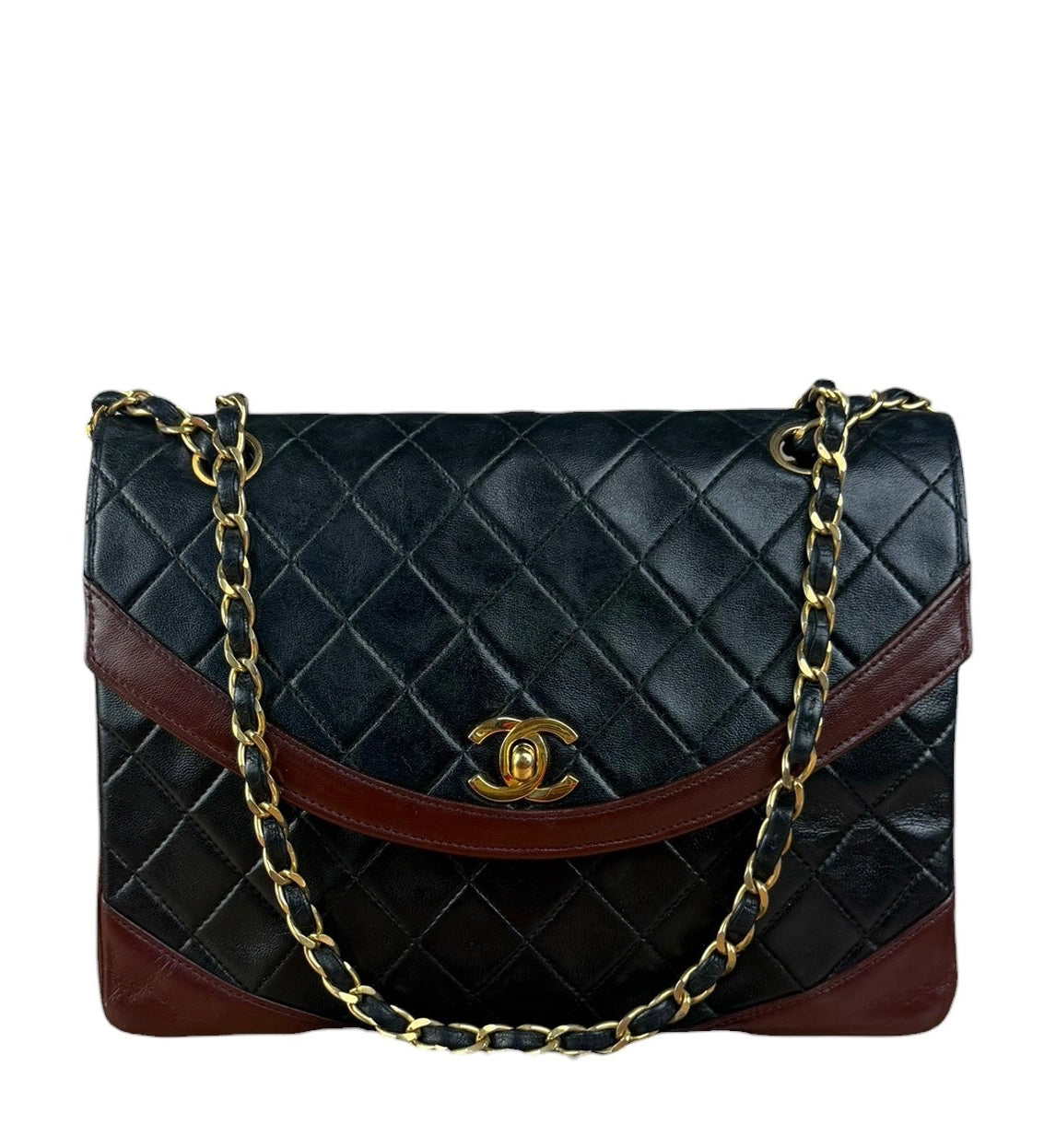 Chanel Vintage Bicolor Leather Round Curved Half Moon Flap Bag