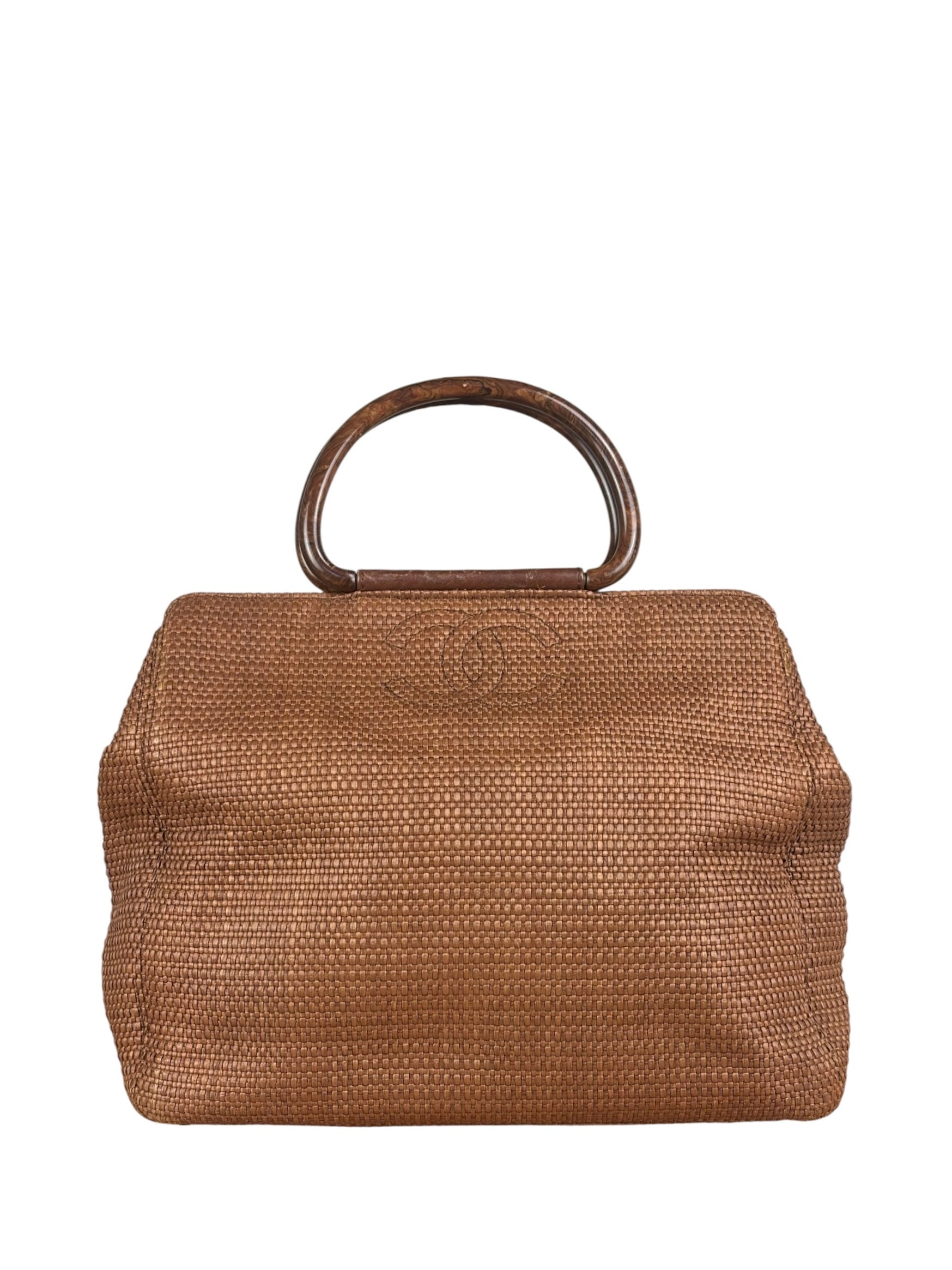 Chanel Vintage Brown Woven Straw Raffia Wooden Top Handle Handbag 2001