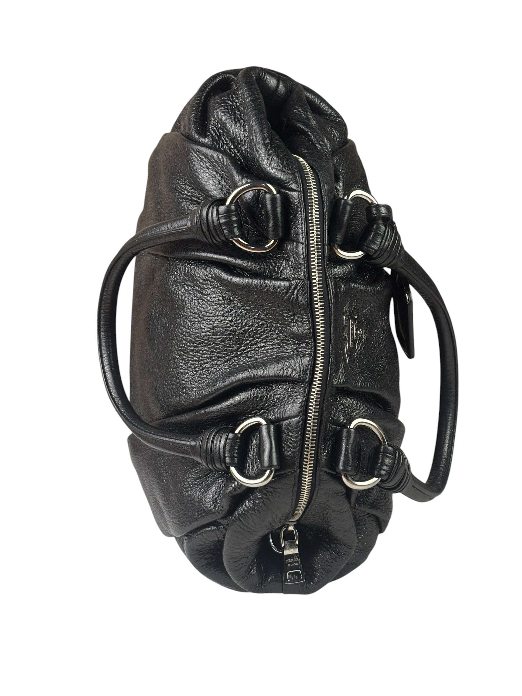 Prada Shiny Black Cervo Pleated Shoulder Bag