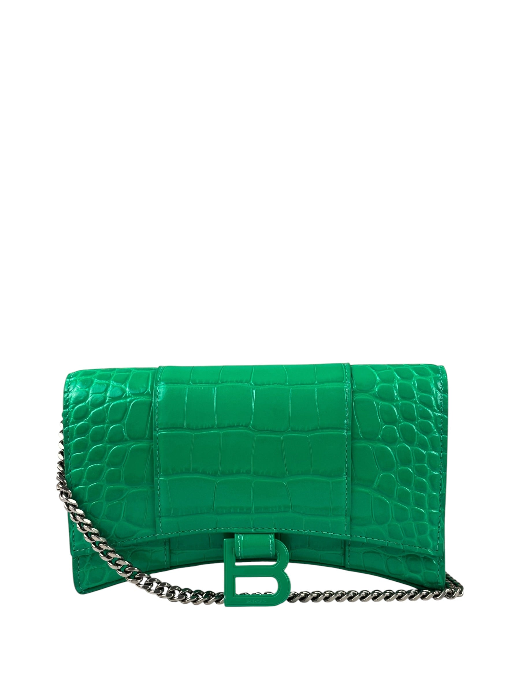 Balenciaga Green Crocodile Embossed Hourglass Wallet On Chain