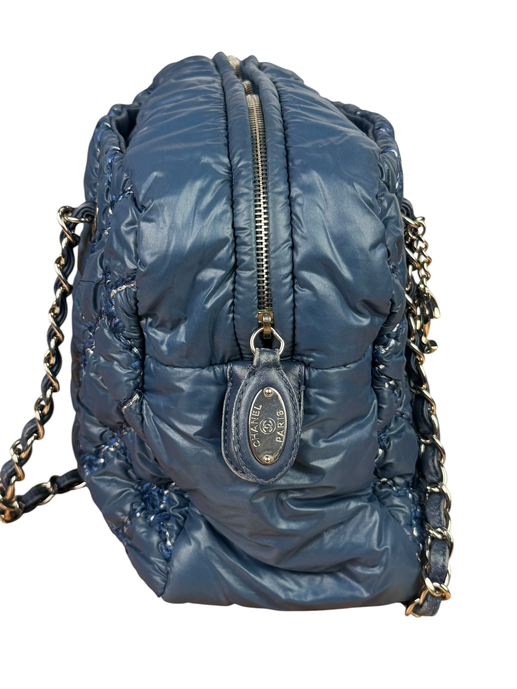 Chanel Blue Leather Trim/Nylon Tweed Stitch Puffer Chain Shoulder Bag 2010