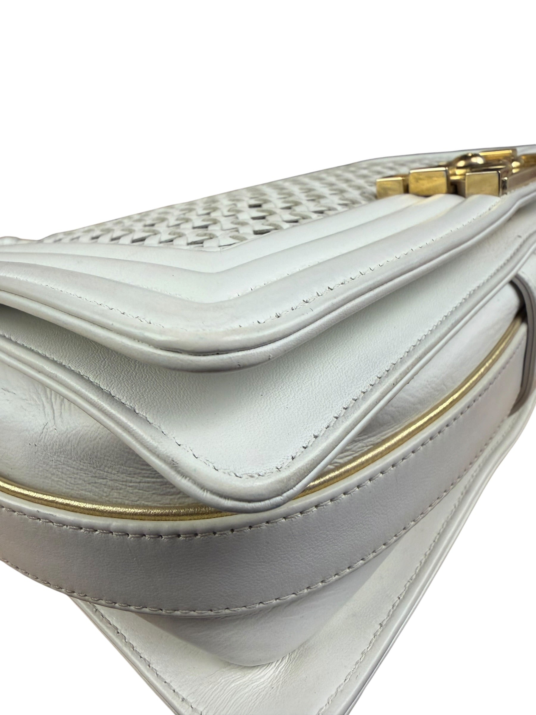 Chanel Vintage White Leather Braided Boy Shoulder Bag 1989