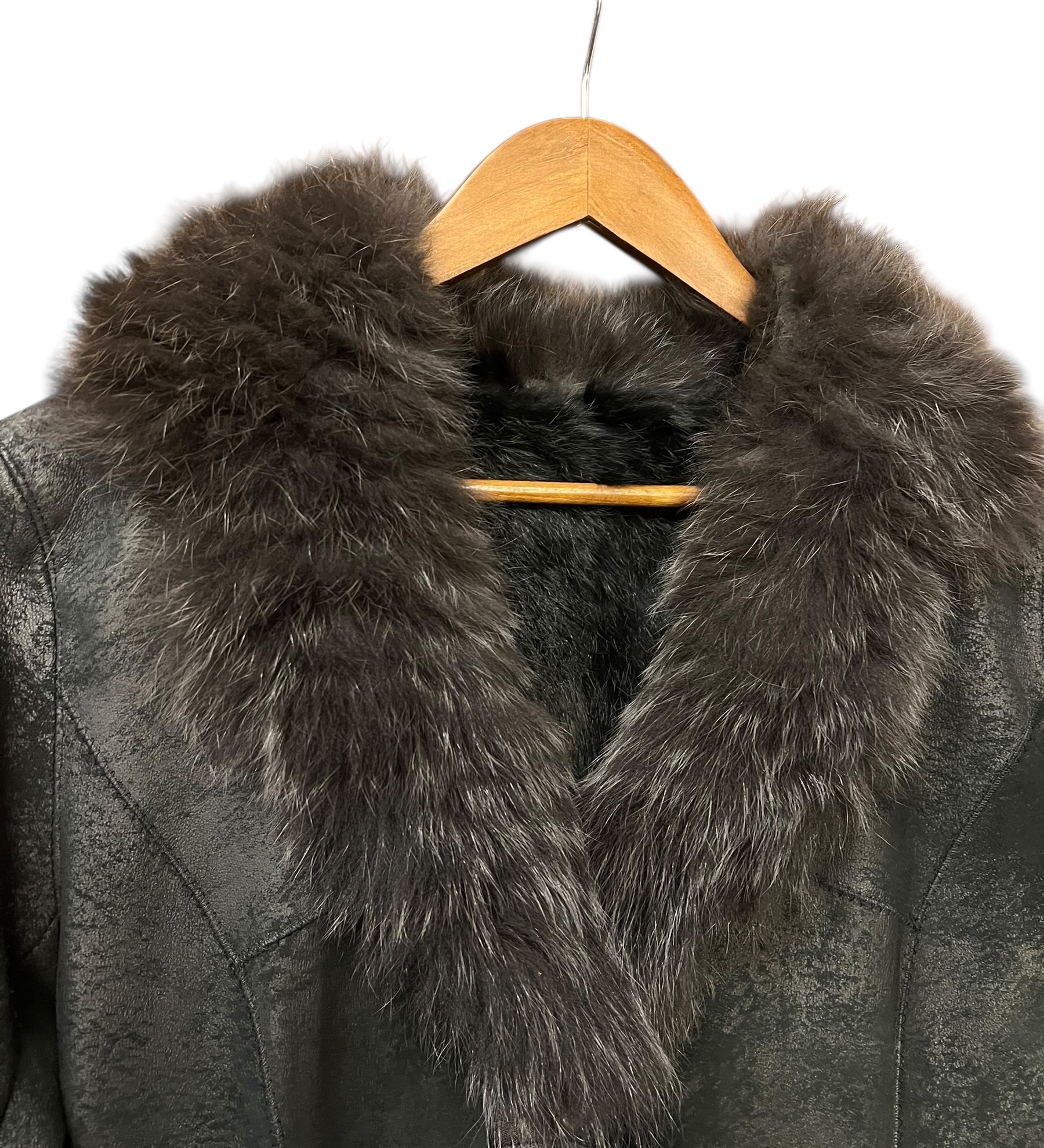 Vintage Black Suede/Leather Fur-Line Long Coat