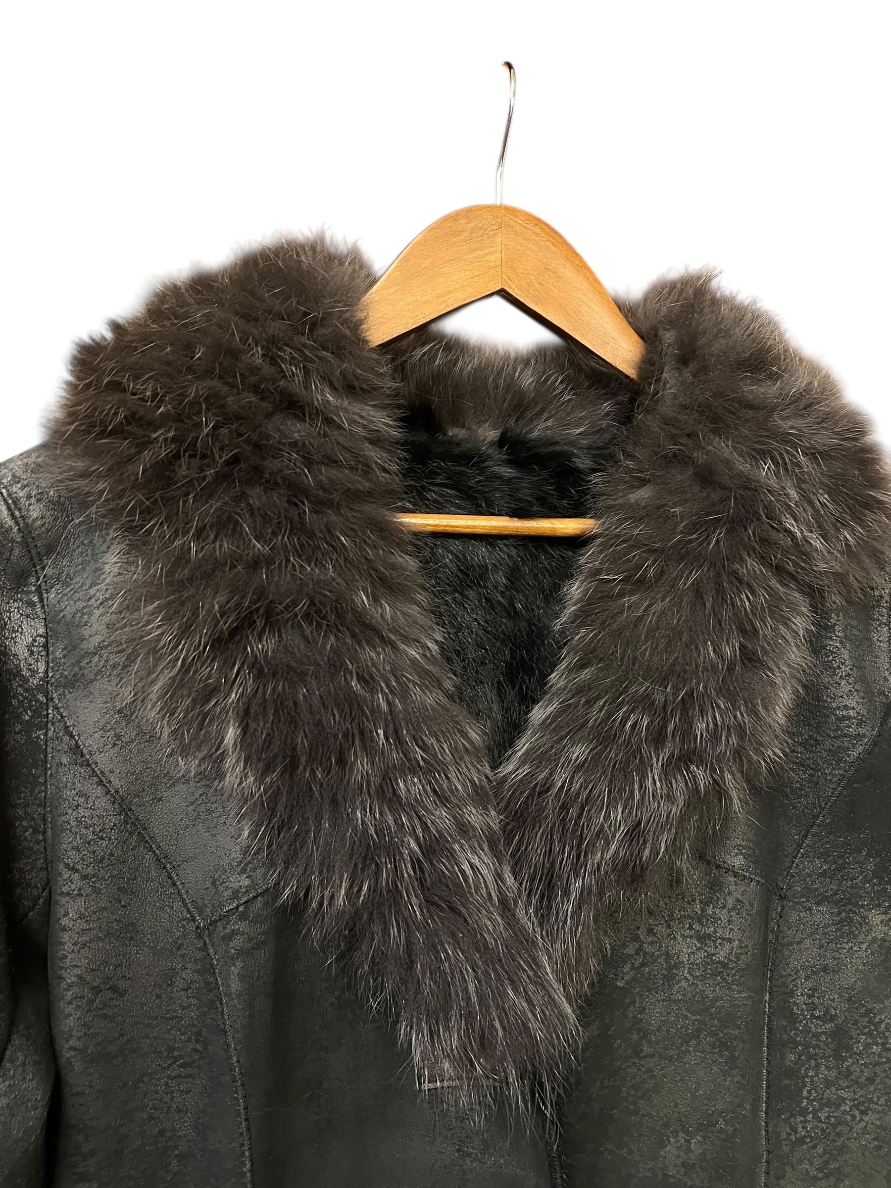 Vintage Black Suede/Leather Fur-Line Long Coat