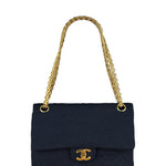 Chanel Navy Blue Cotton Jersey Classic Double Flap Shoulder Bag