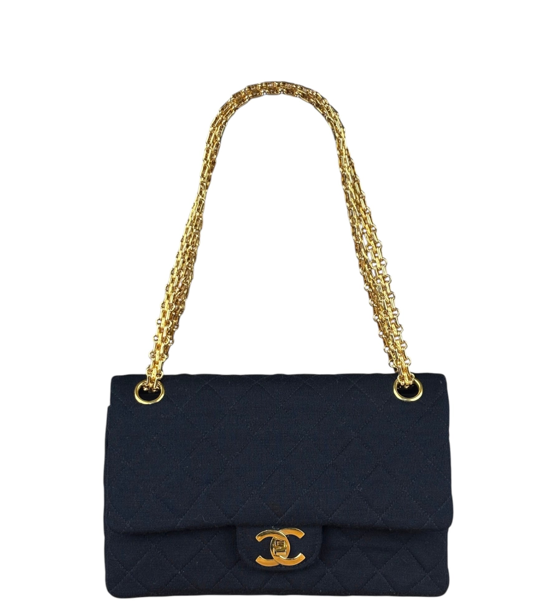 Chanel Navy Blue Cotton Jersey Classic Double Flap Shoulder Bag