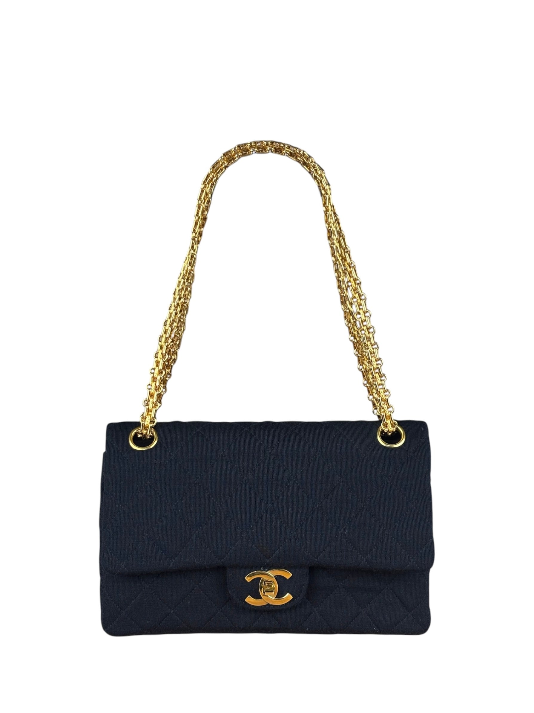 Chanel Navy Blue Cotton Jersey Classic Double Flap Shoulder Bag