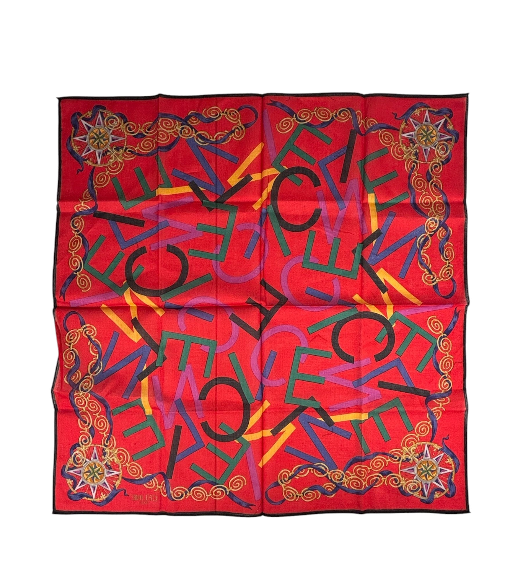 Celine Vintage Red Alphabet Print Handkerchief/Scarf