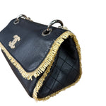 Chanel Black Leather Raffia Fringe CC Flap Shoulder Bag 2009