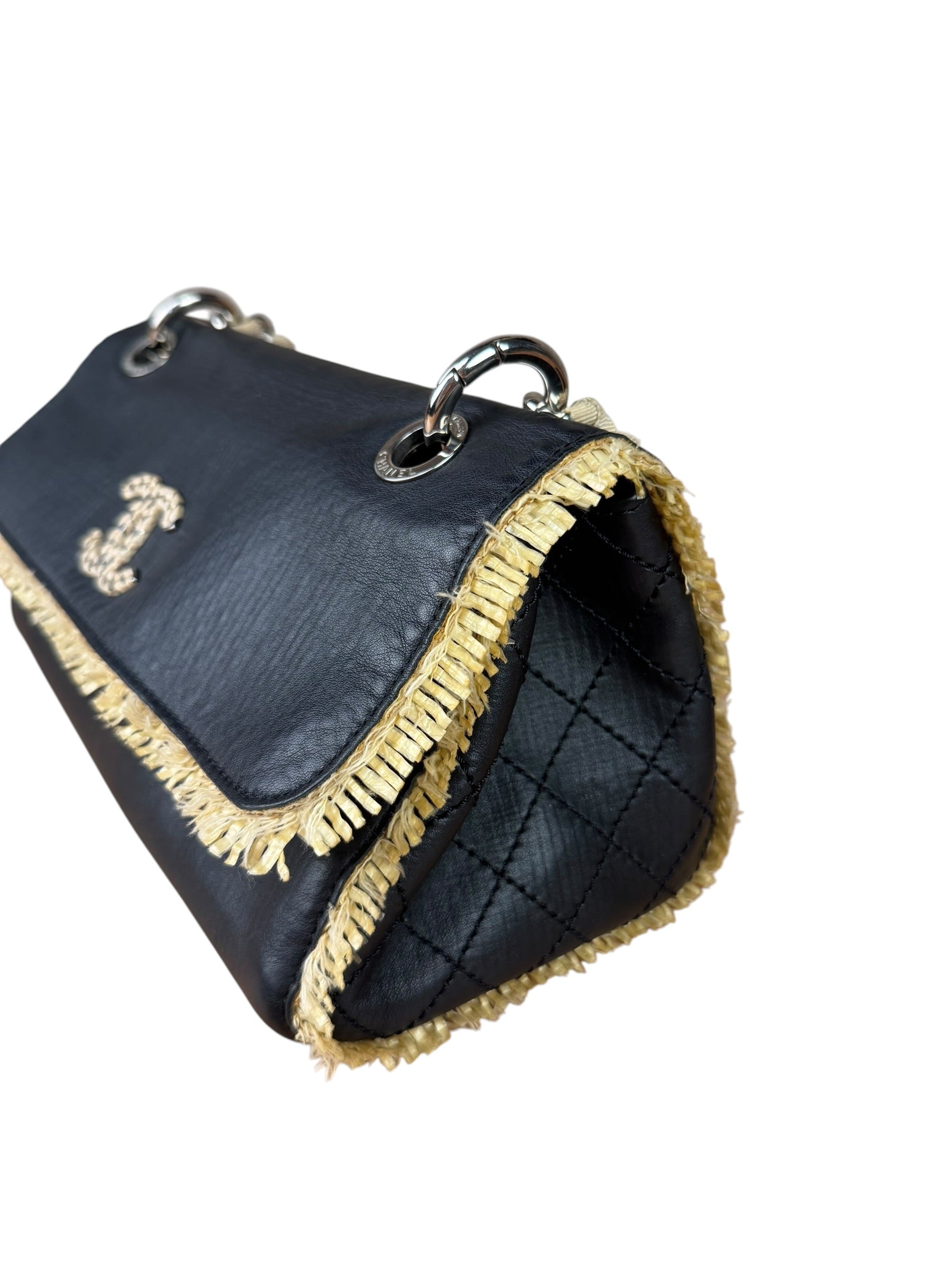 Chanel Black Leather Raffia Fringe CC Flap Shoulder Bag 2009