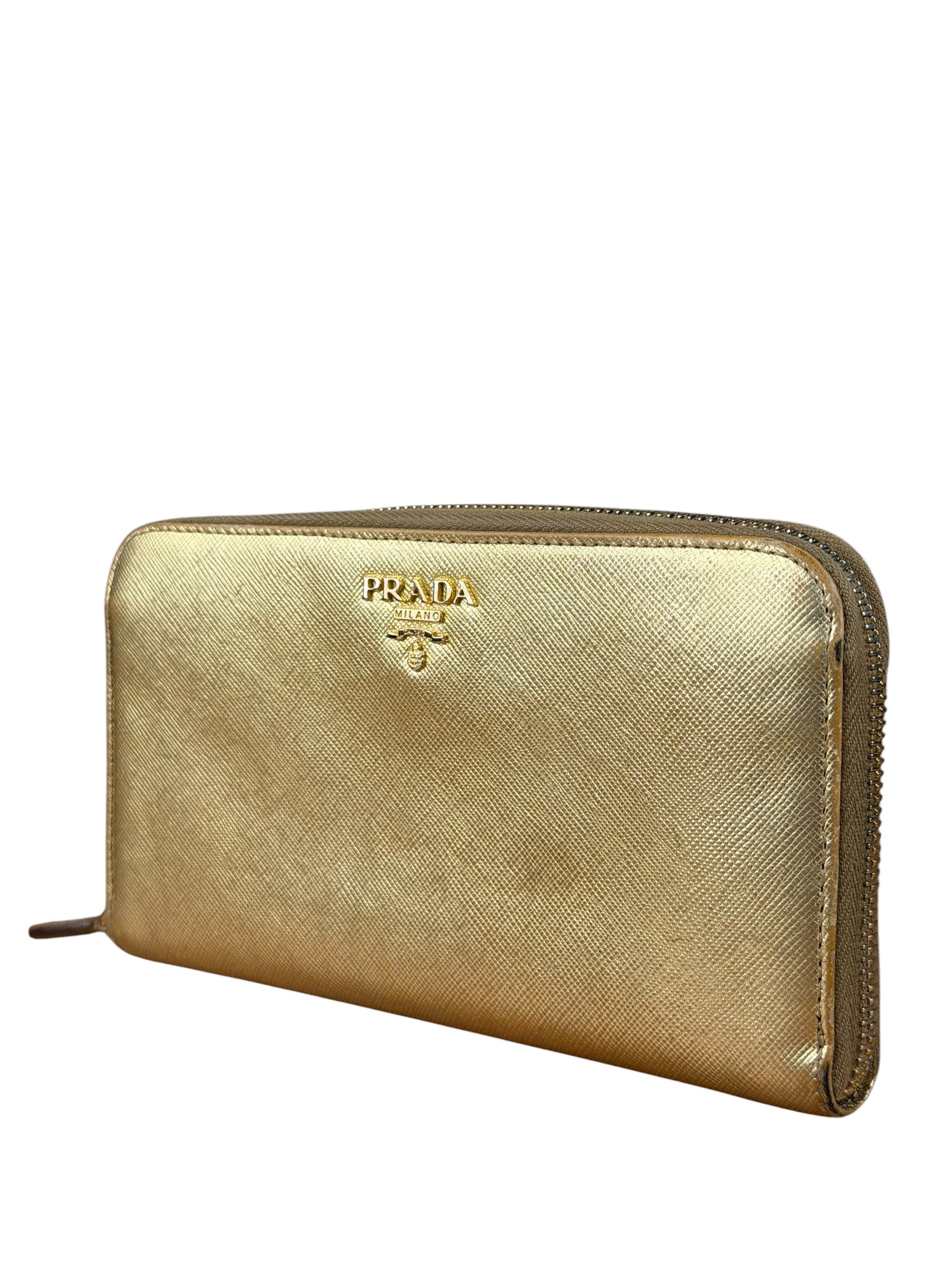 Prada Metallic Gold Saffiano Leather Zip-Around Wallet