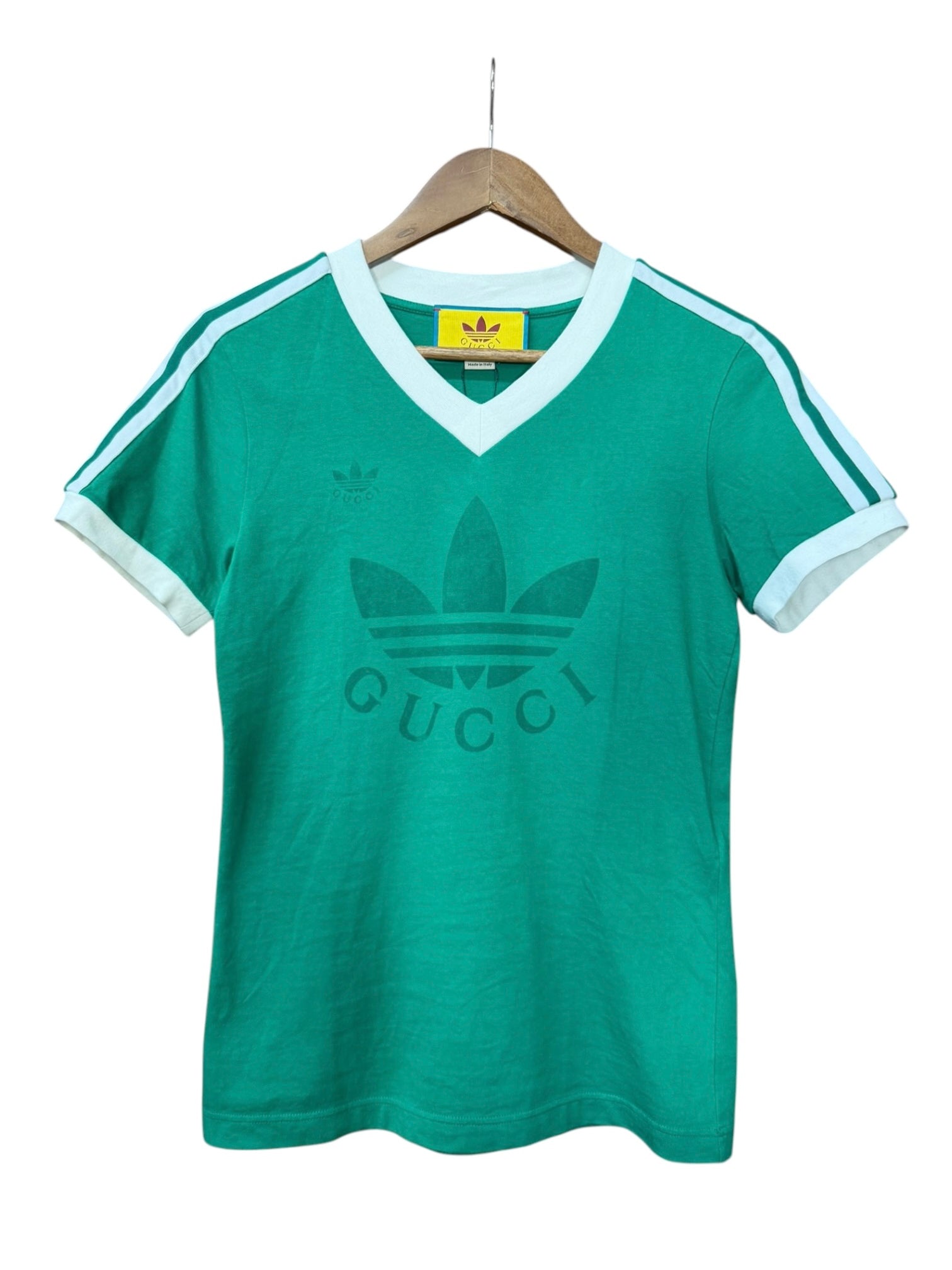 Gucci x Adidas Green Logo Print Jersey V-Neck T-Shirt