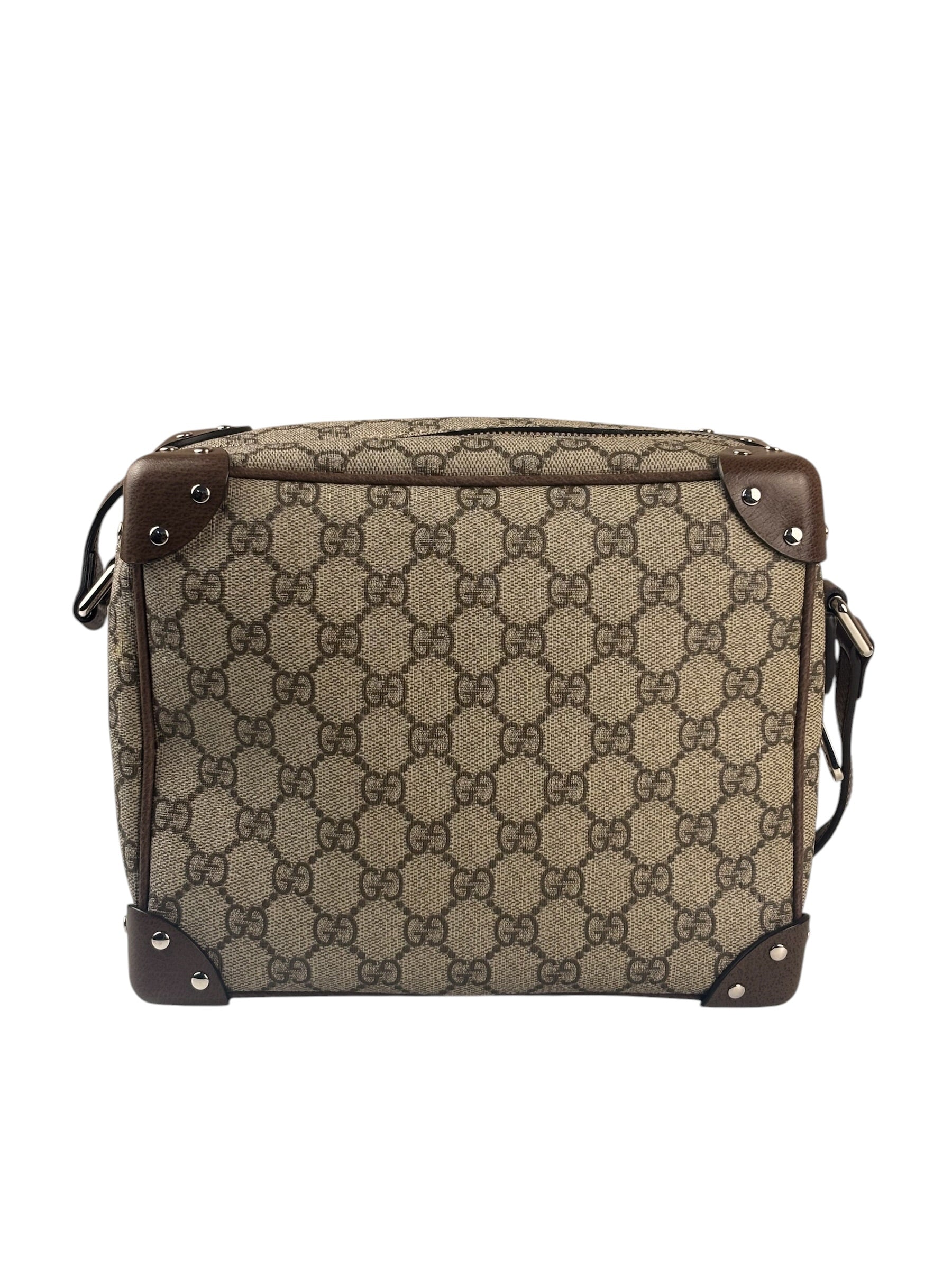 Gucci Brown Leather Trim GG Supreme Soft Trunk Crossbody