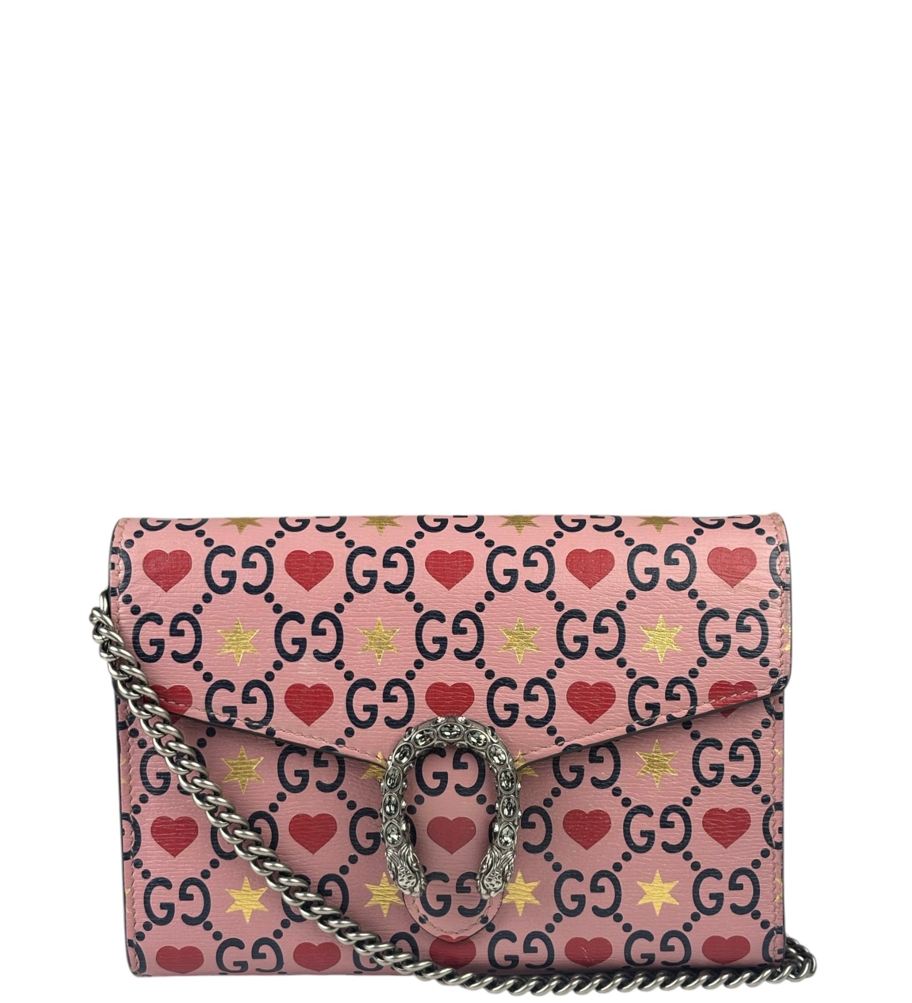 Gucci Pink Leather Dionysus GGCrystal Valentines Small Wallet On Chain